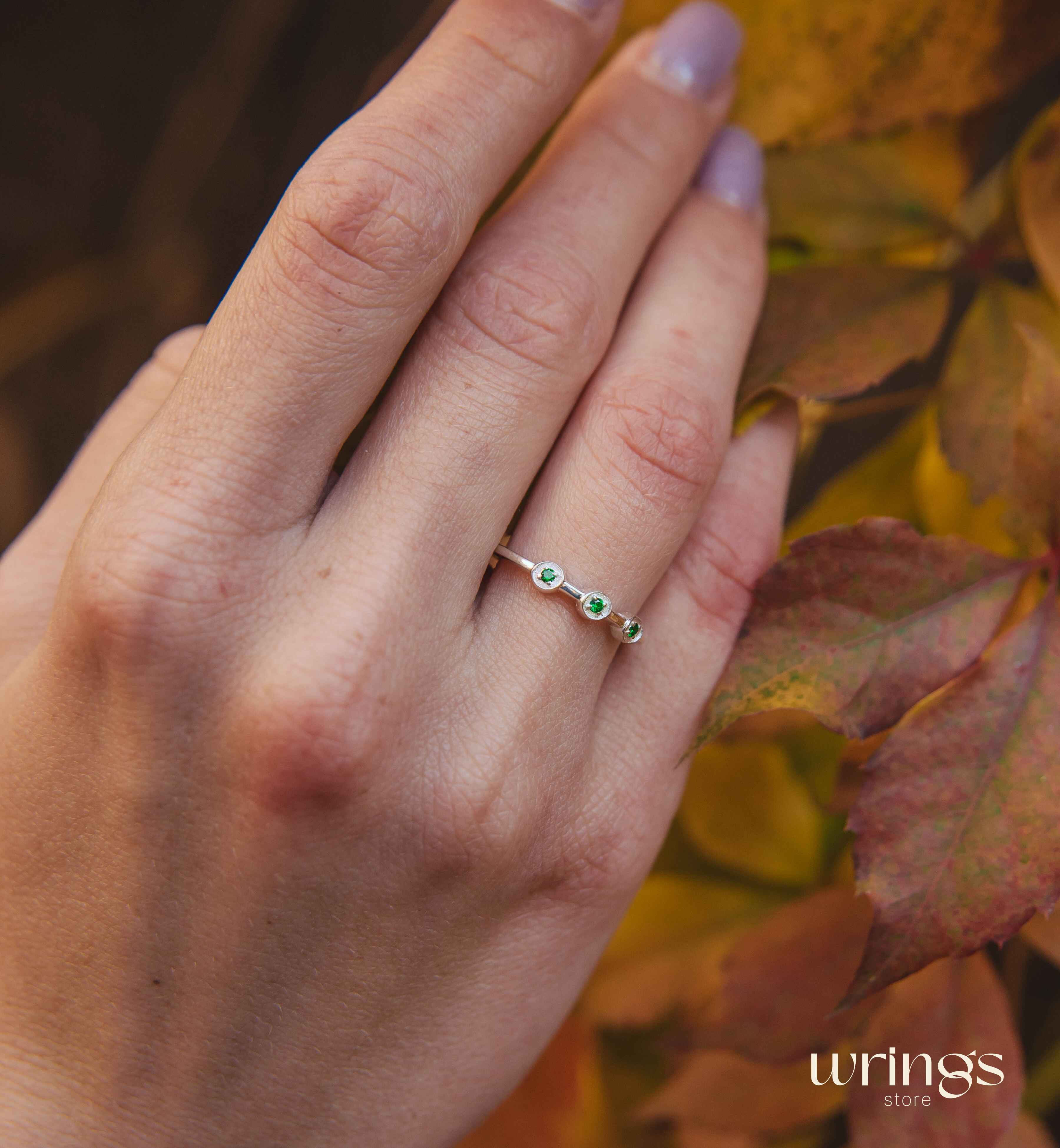 Dainty Emeralds in 3 Small Dots Silver Stackable Ring