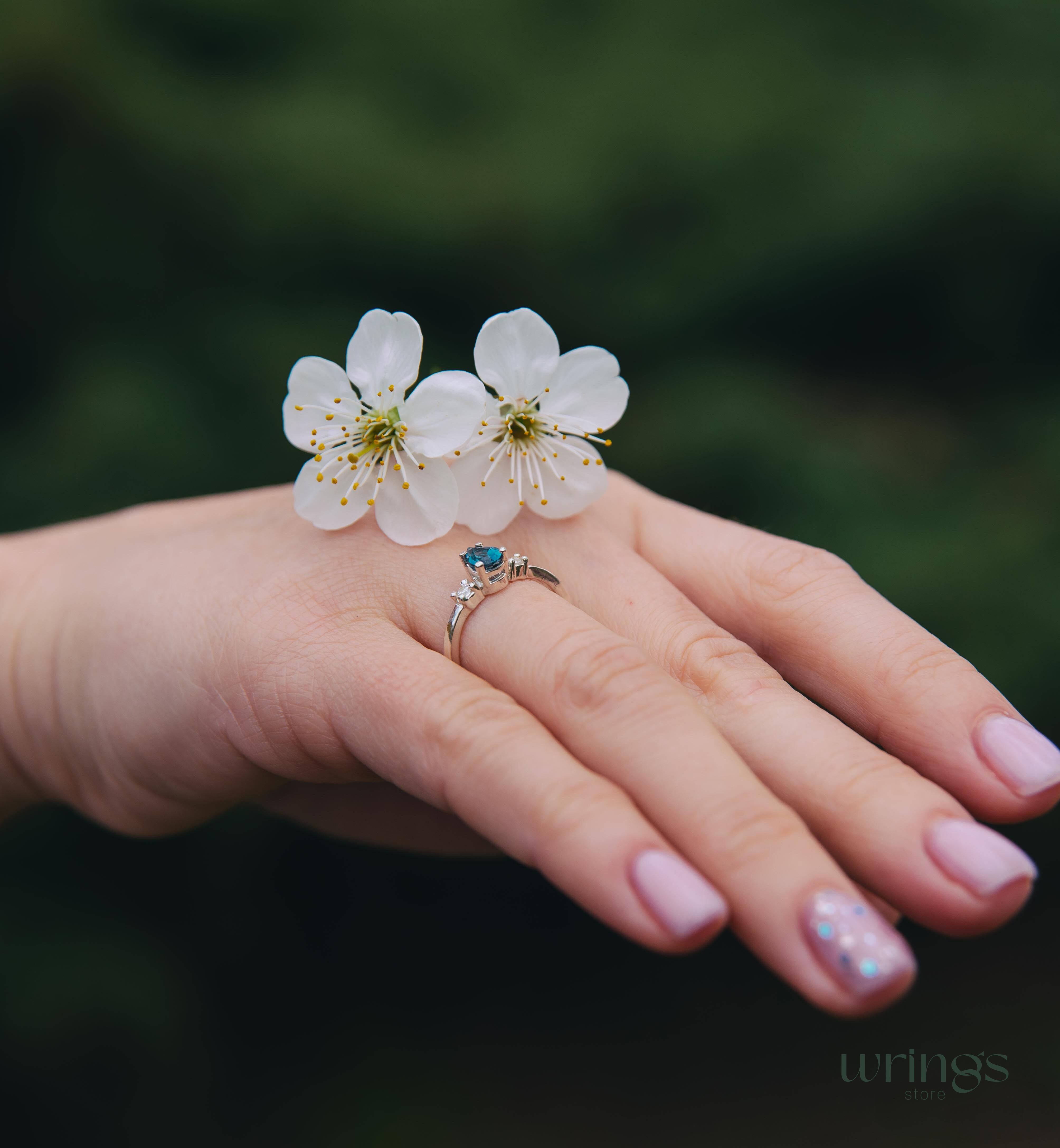 Central Pear London Blue Topaz 3 Stone Engagement Ring