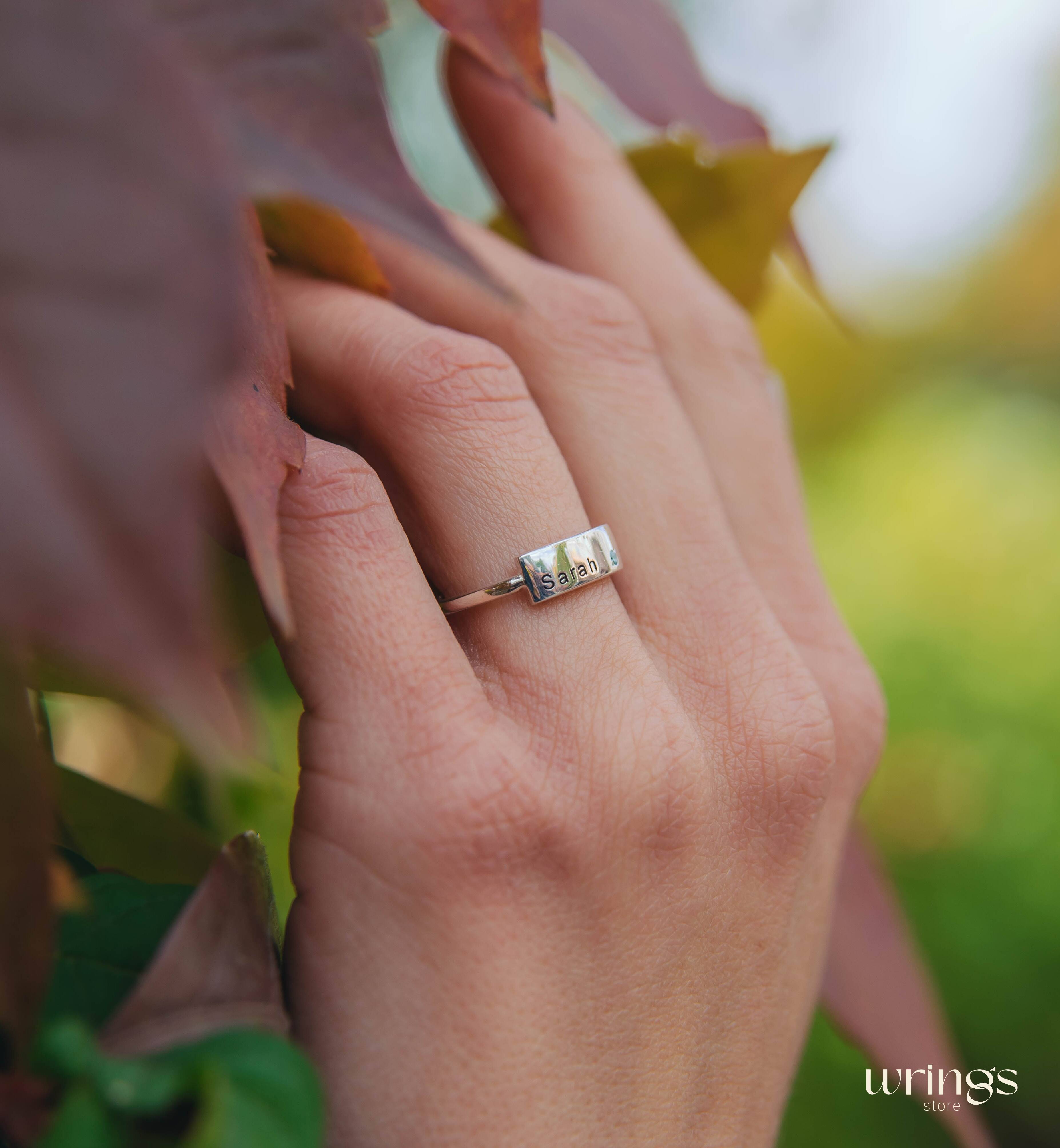 Personalized Silver Name Ring "Sarah" - Topaz & Flat Band