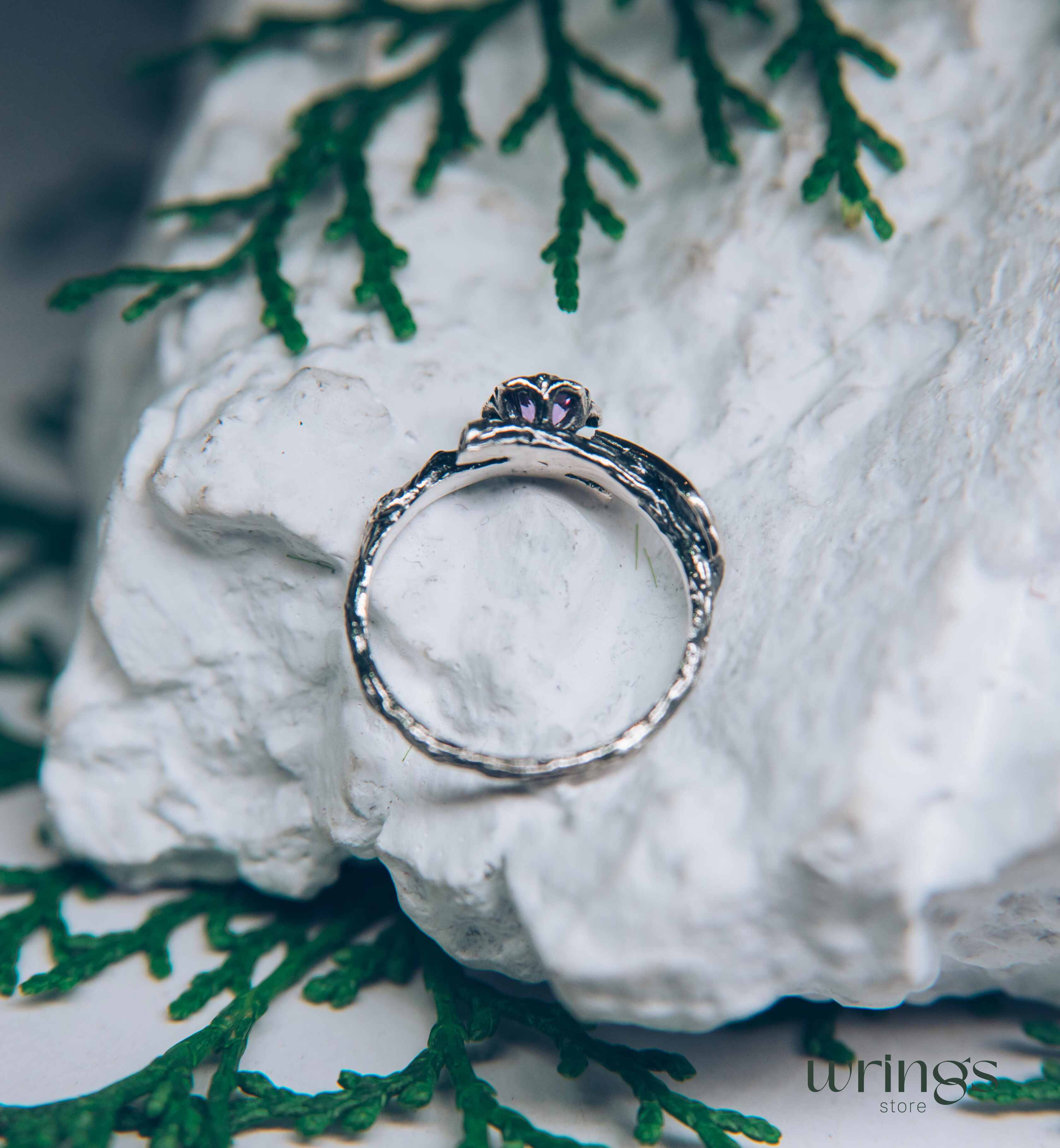 Lilac Amethyst Flower on a Silver dainty Twig Ring for Her