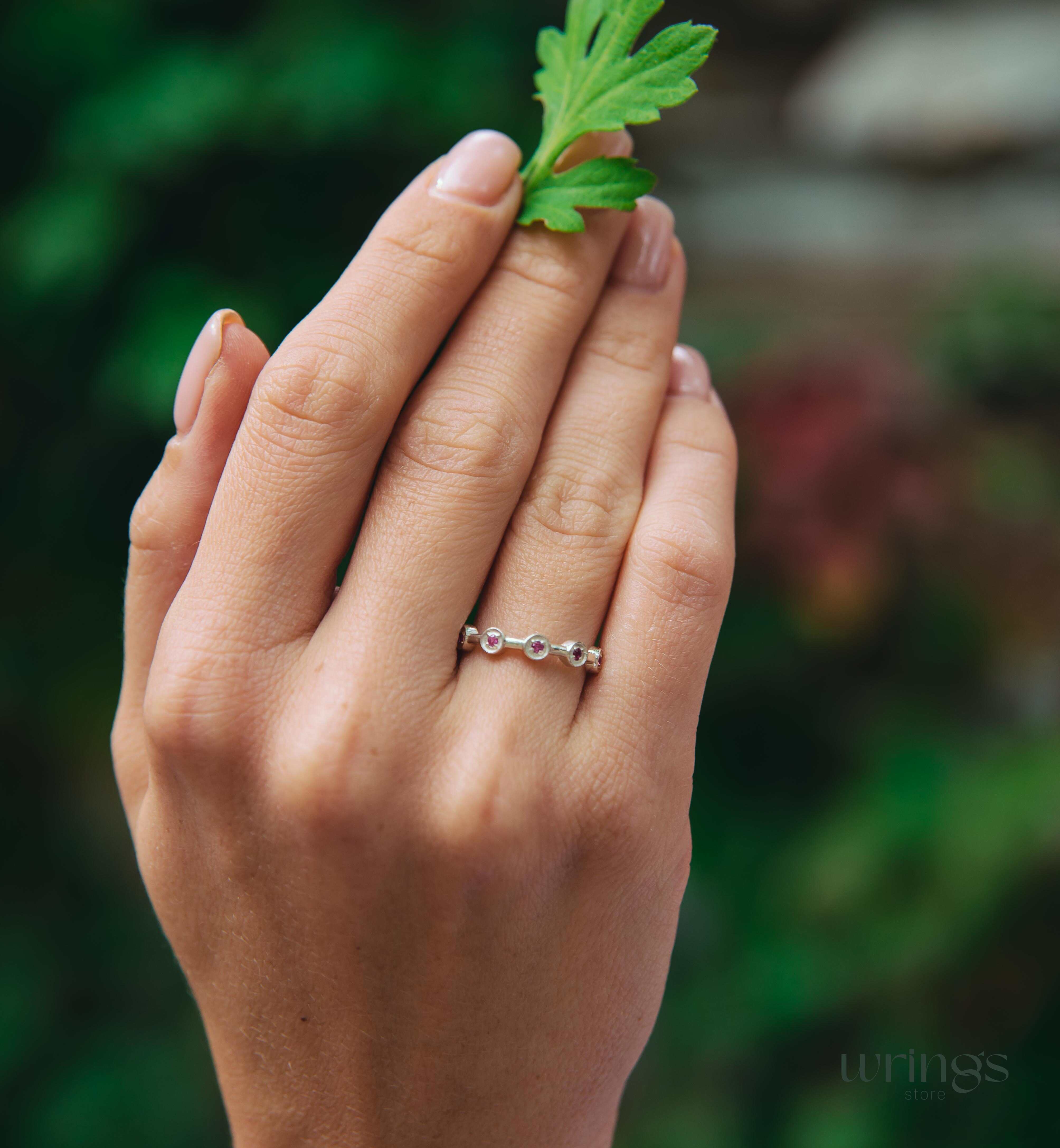 Dainty Rubies in 5 Small Dots Stackable Ring Silver