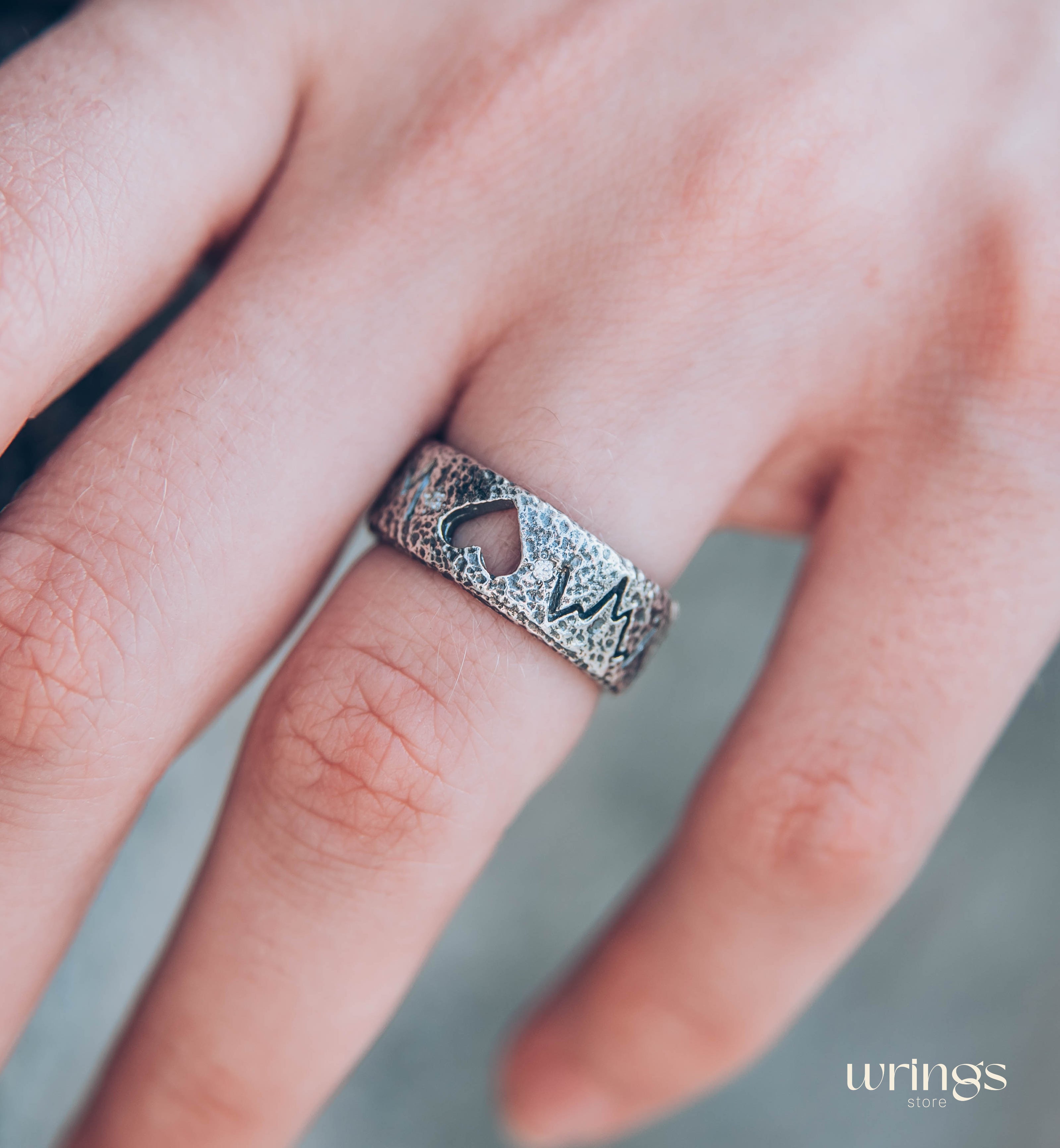 Open Heart Unique Silver Heartbeat Wedding Band