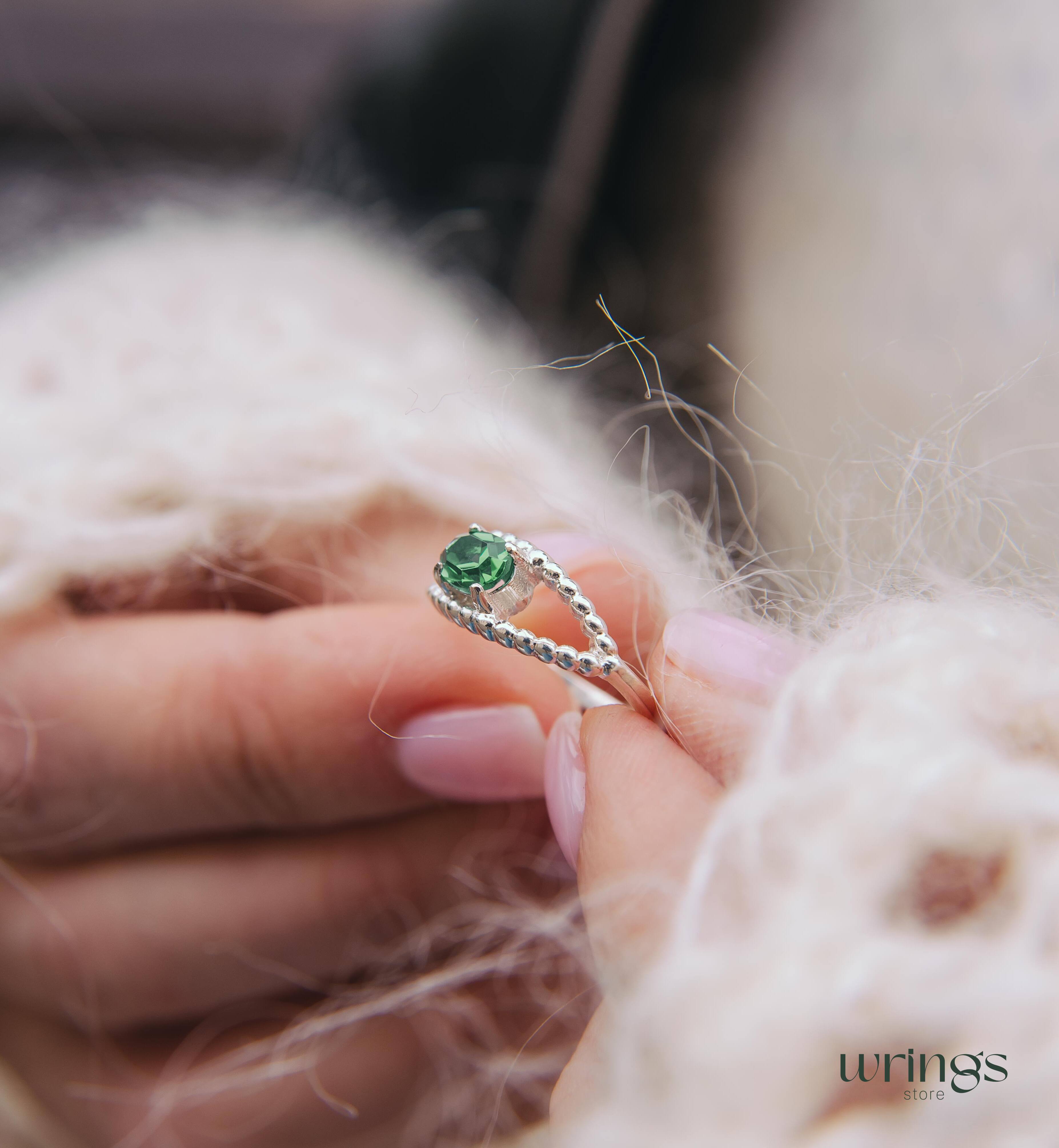 Beaded Silver Evil Eye Ring with Magical Green Quarz