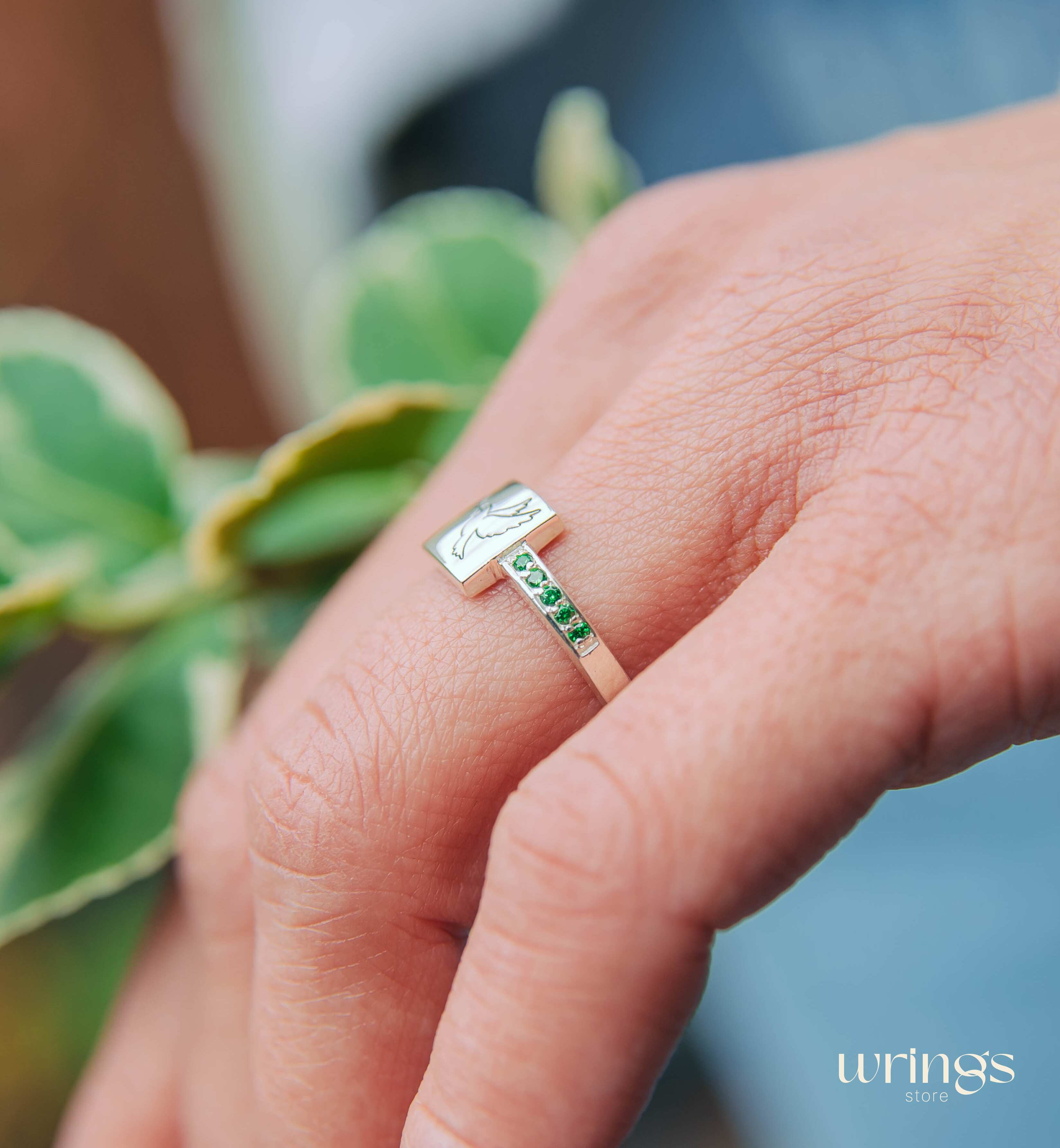 Pigeon of Peace Silver Signet Ring Side Emeralds