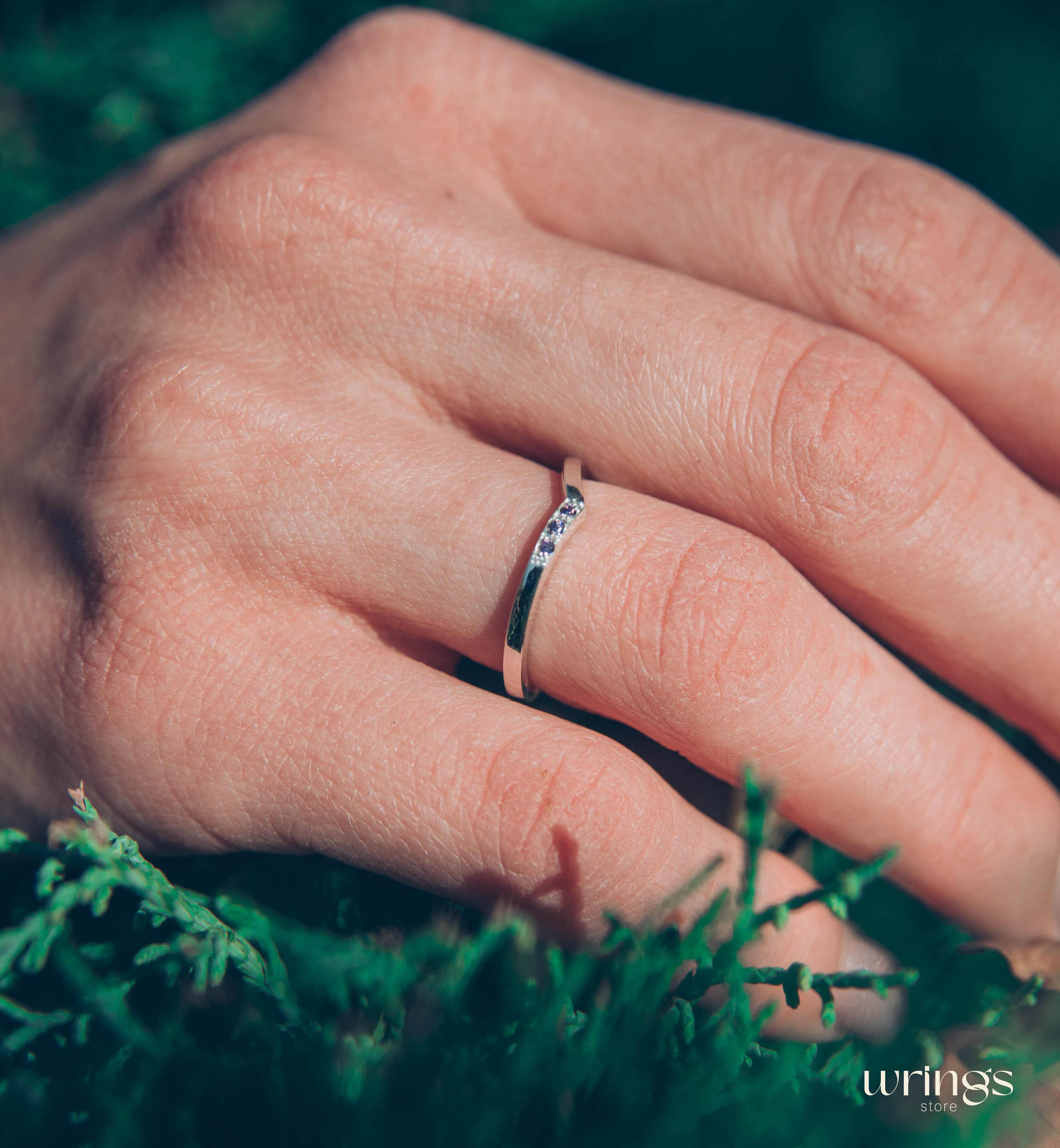 Silver Curved Chevron Wedding Band with 3 Amethysts