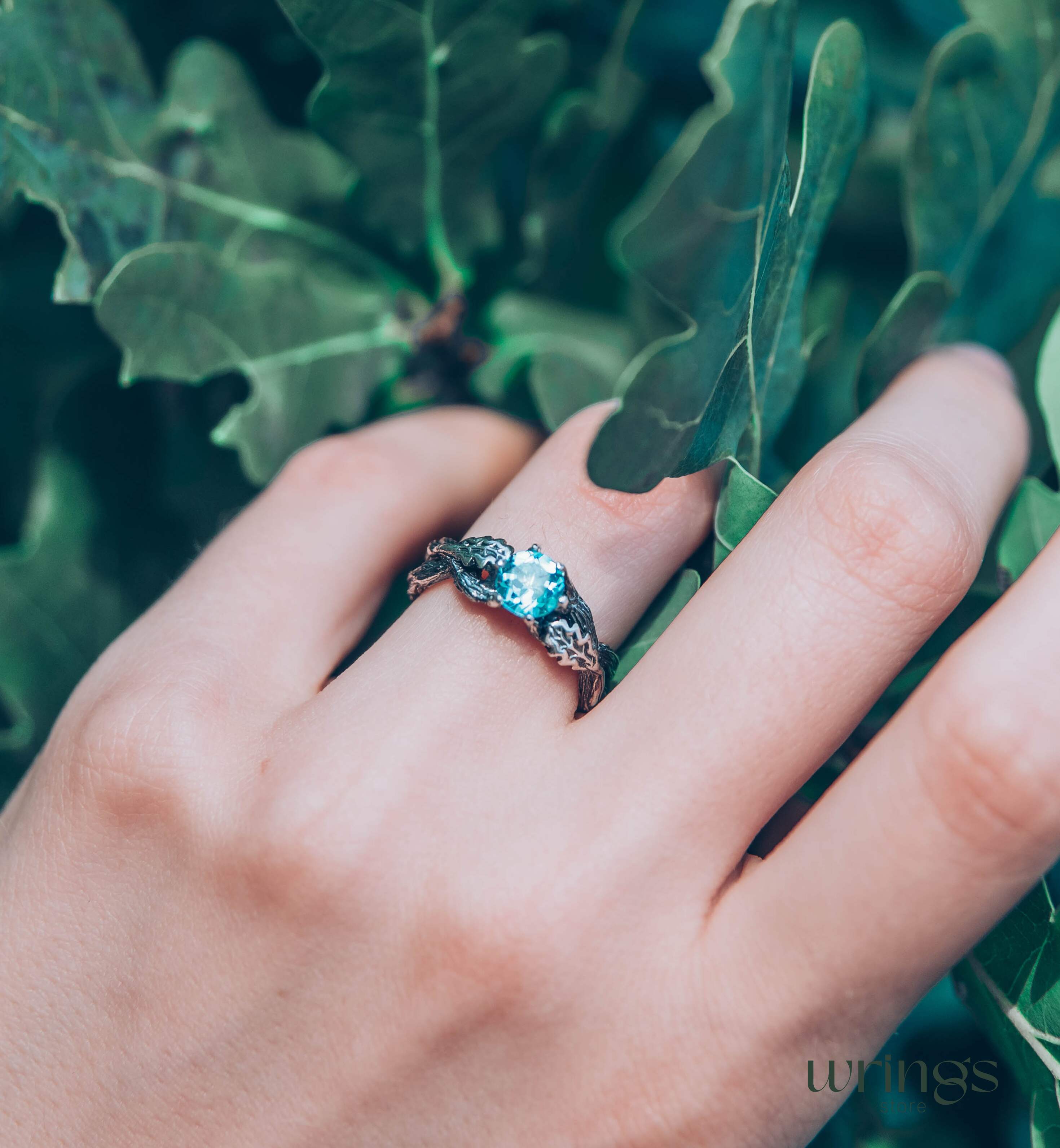 Topaz Engagement Ring — Silver Braided Branch and oak Leaves