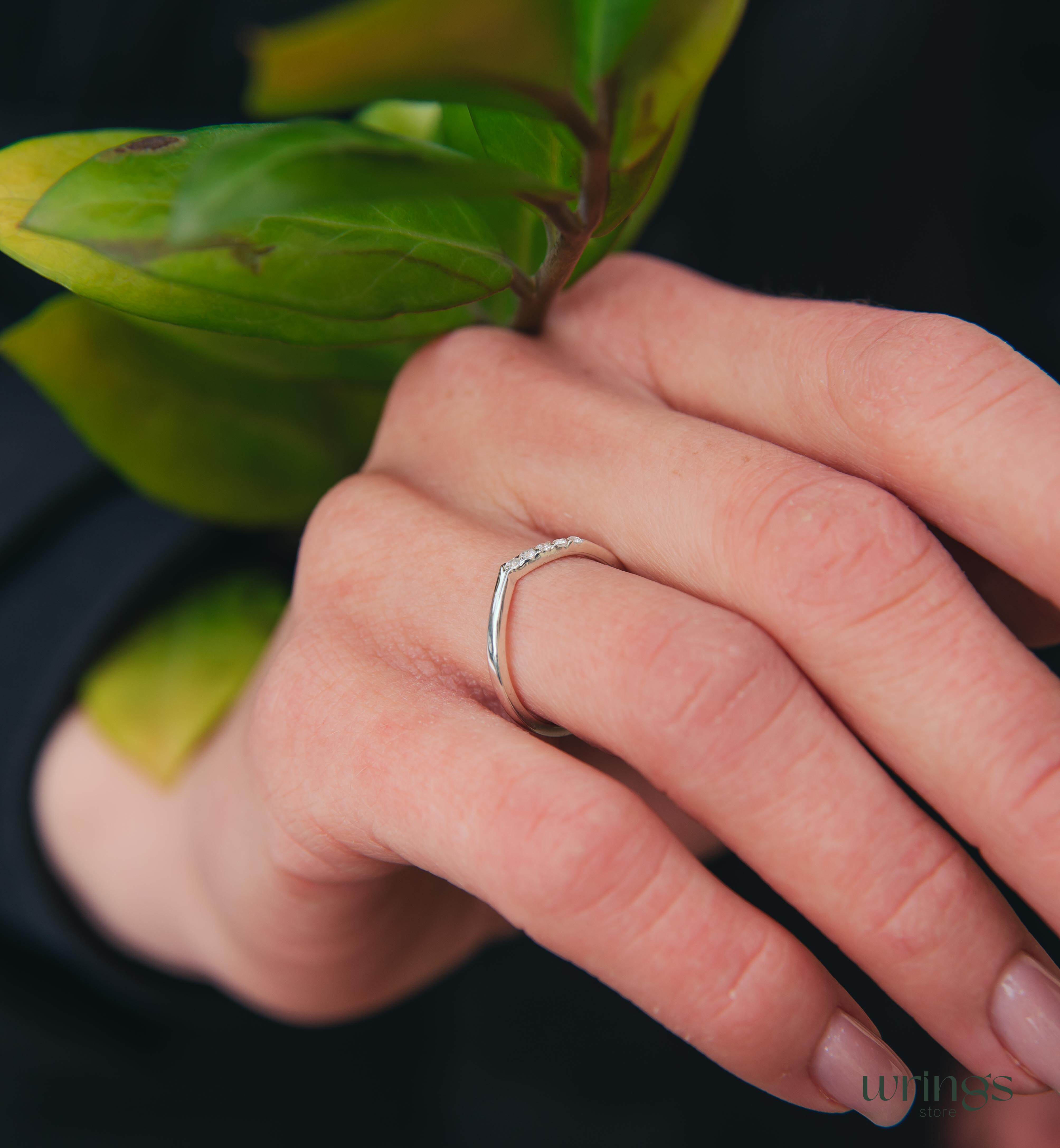 Curved Chevron Diamond Wedding Band Sterling Silver