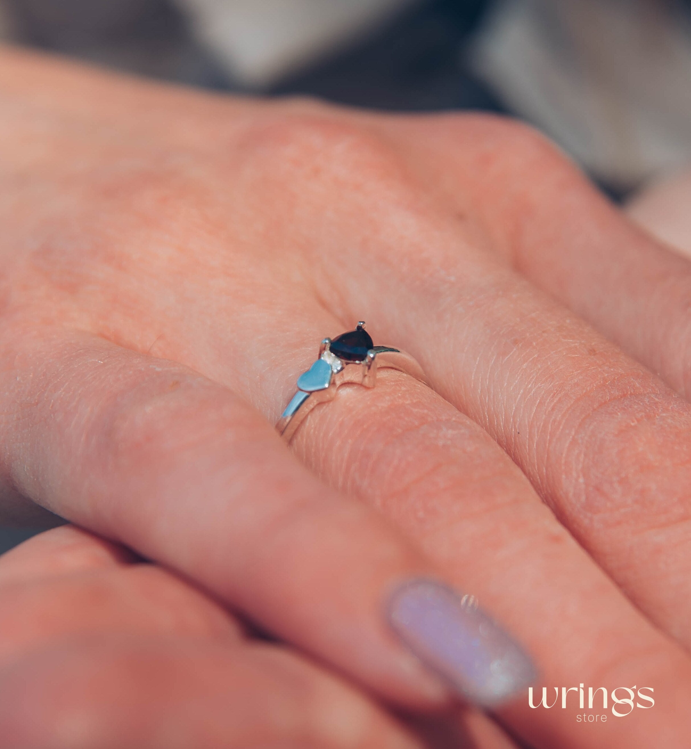 Trillion cut Garnet Silver Ring with Side Heart