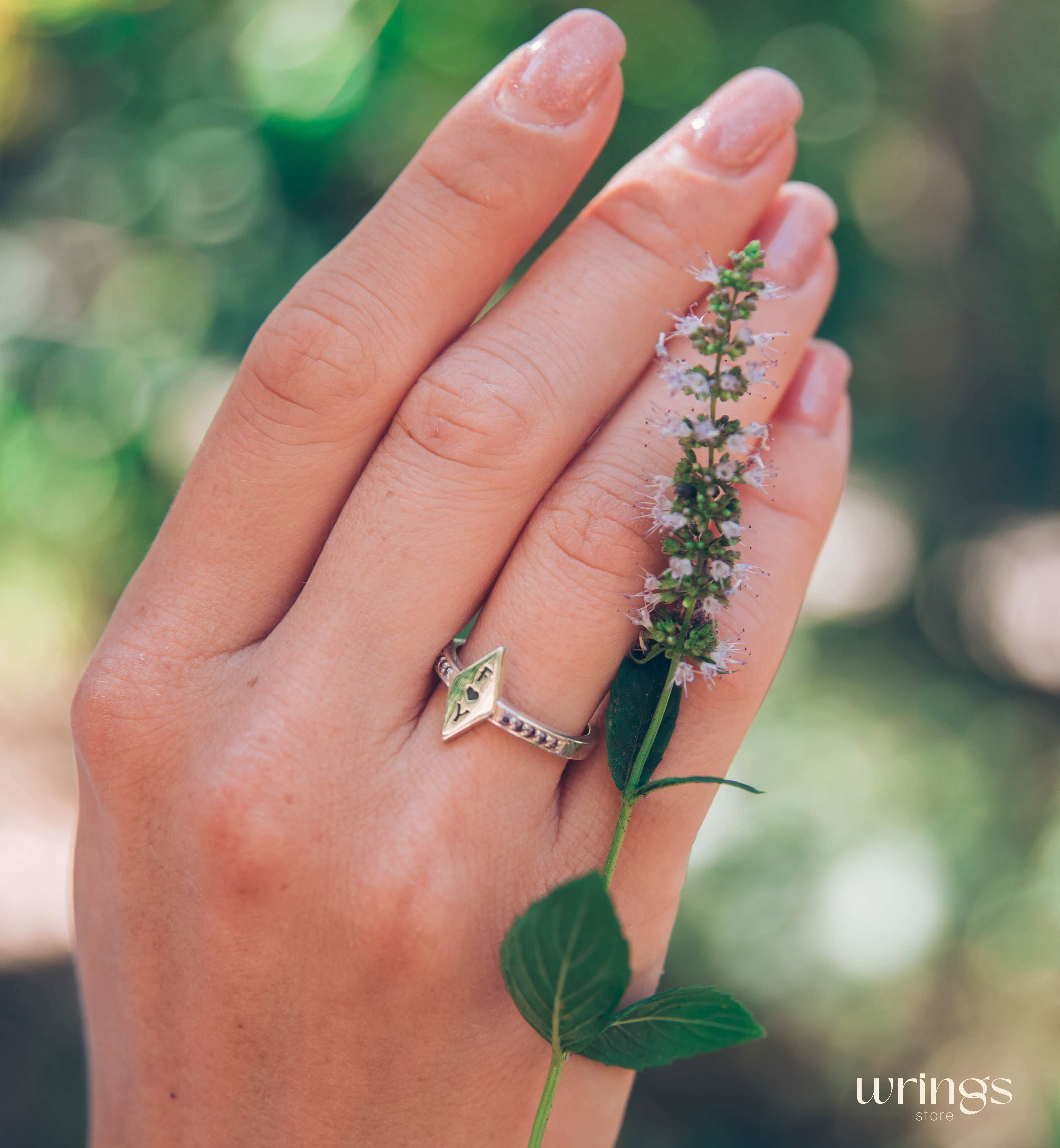 Personalized Promise Ring - Rhombus Head, Amethysts & Letters