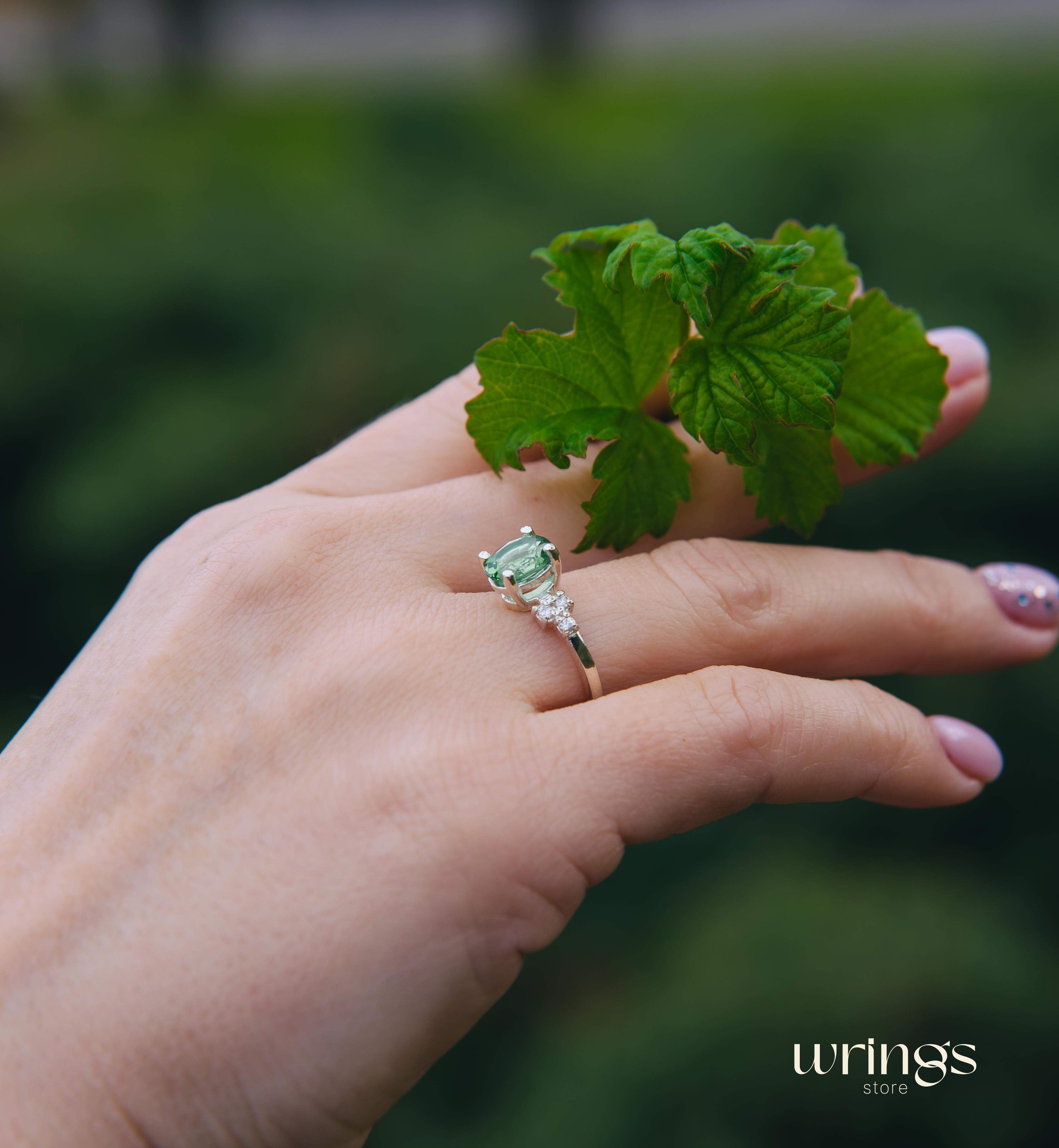 Large Oval Green Quartz Silver Cluster Engagement Ring