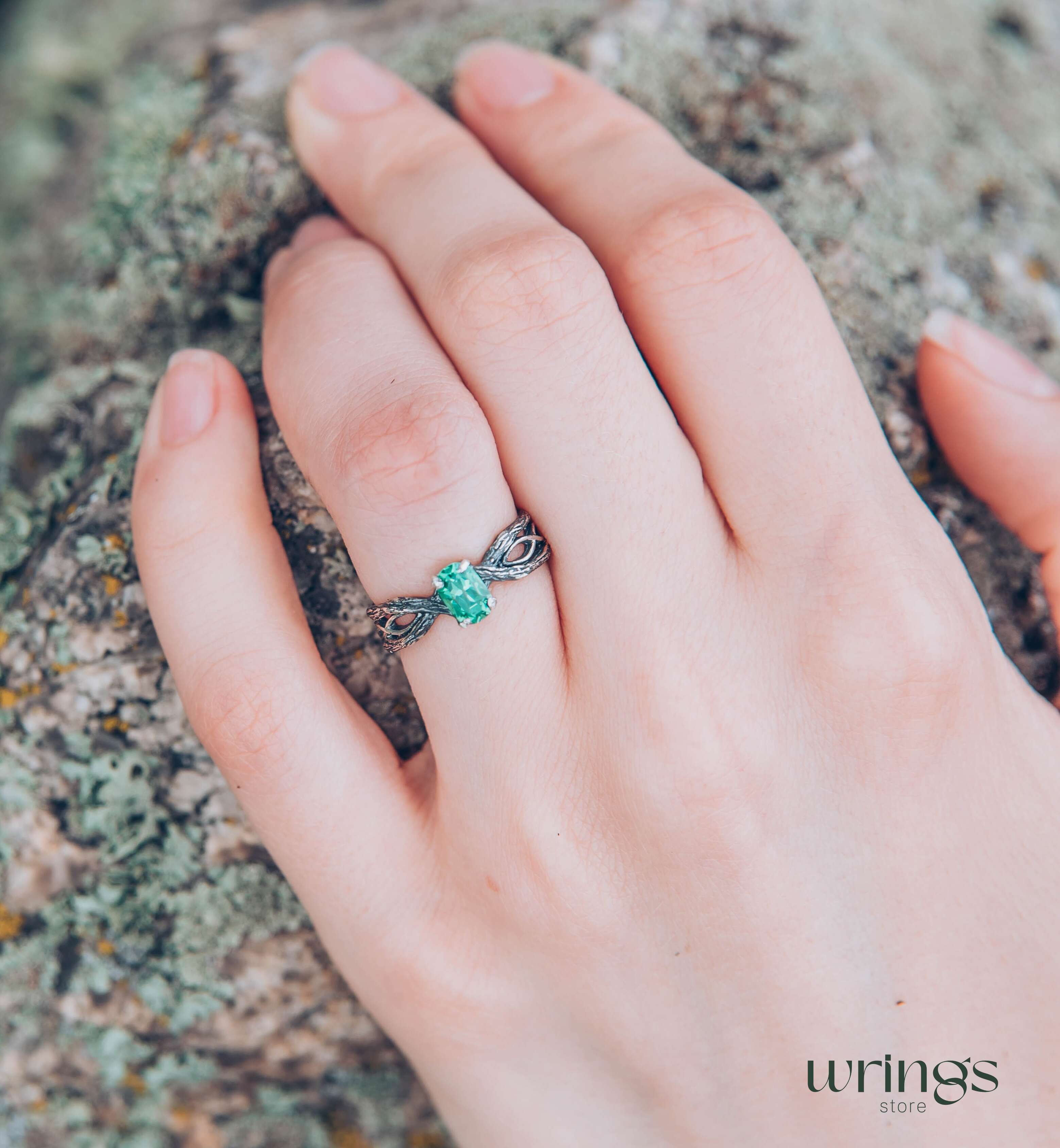 Dainty Green Quartz & Infinity Twisted Silver Branch Ring