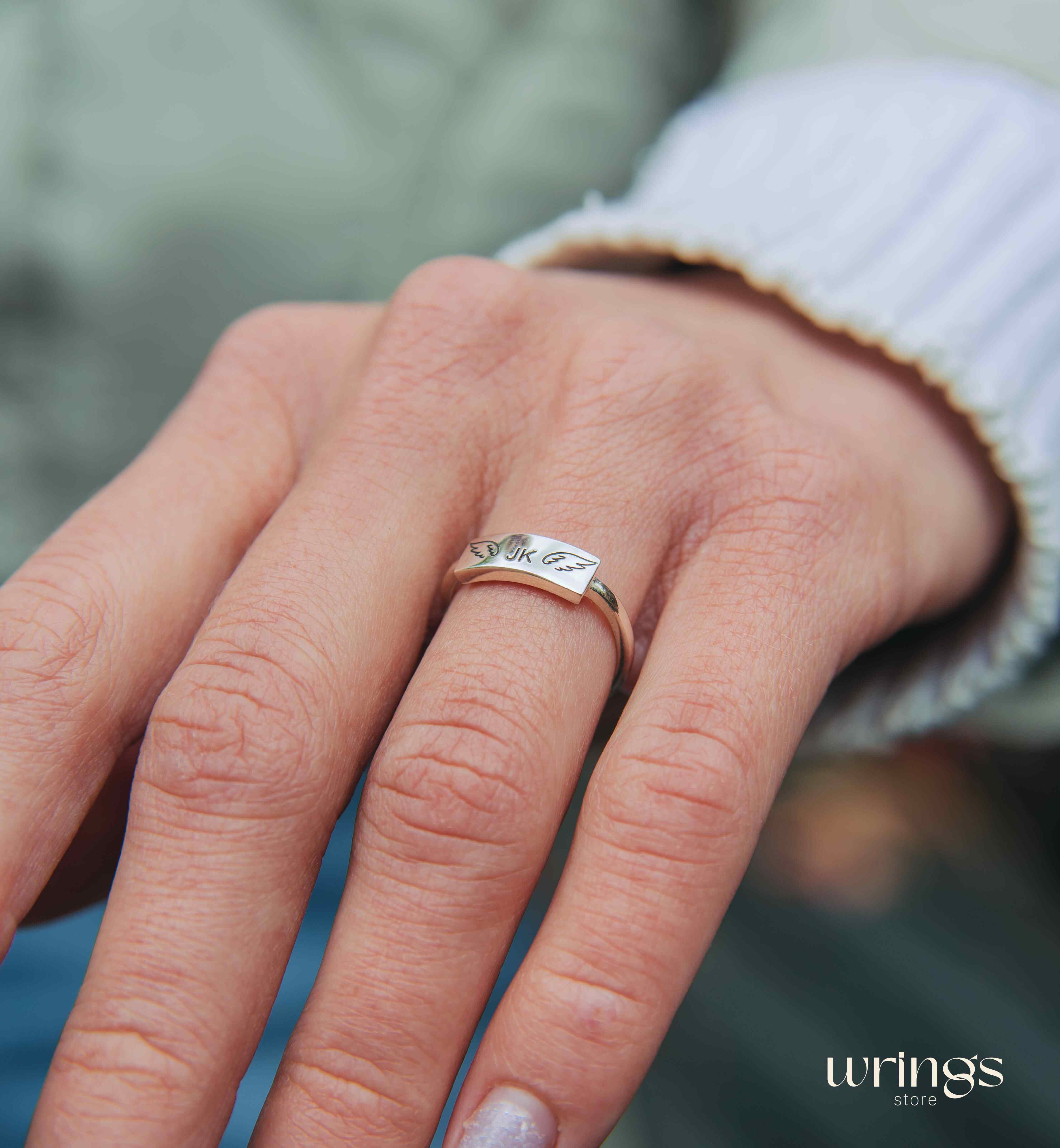 Silver Flat Top Initial Ring Engraved Wings & Lettets