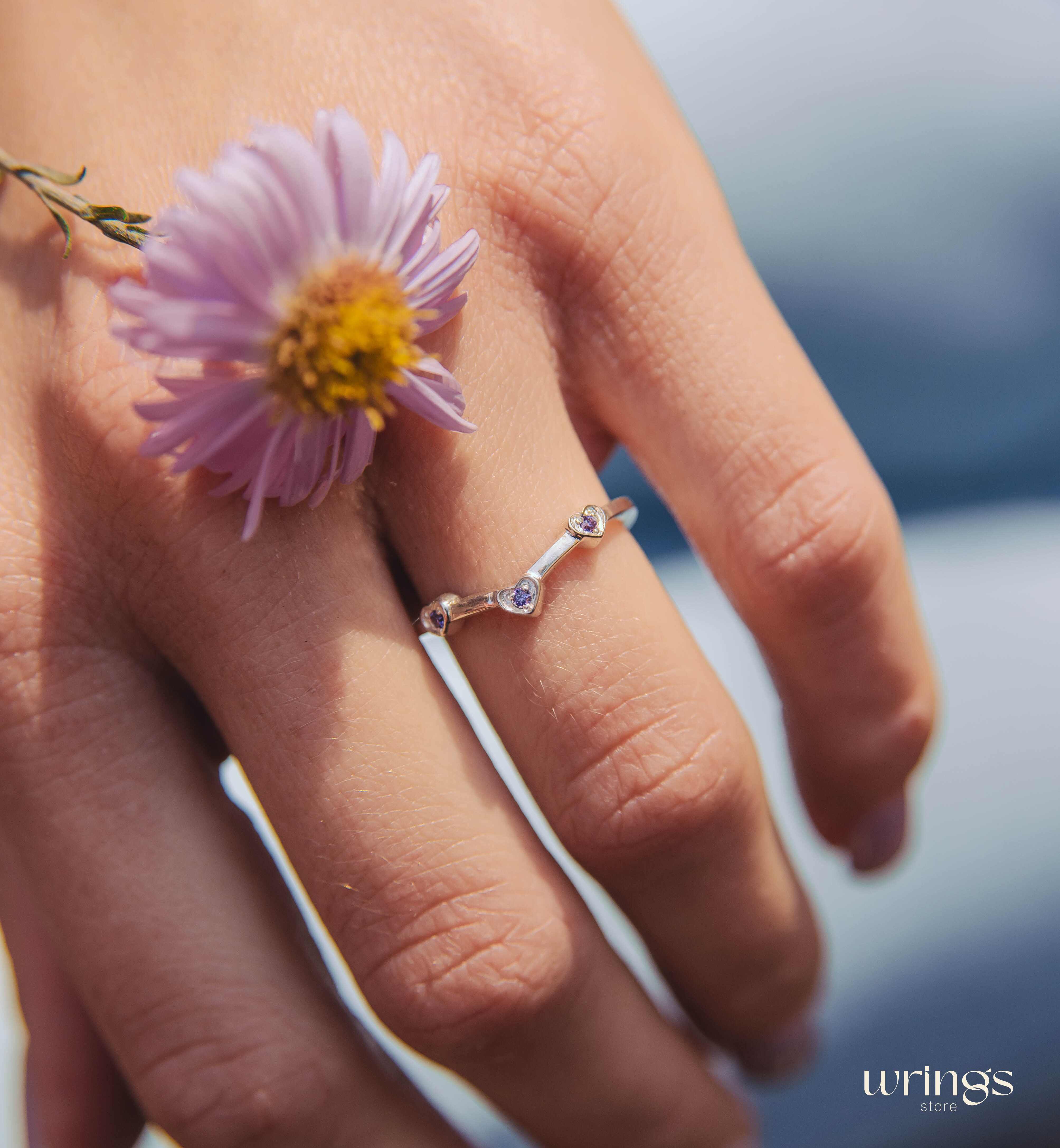 Three Hearts with Amethysts Silver Curved Ring