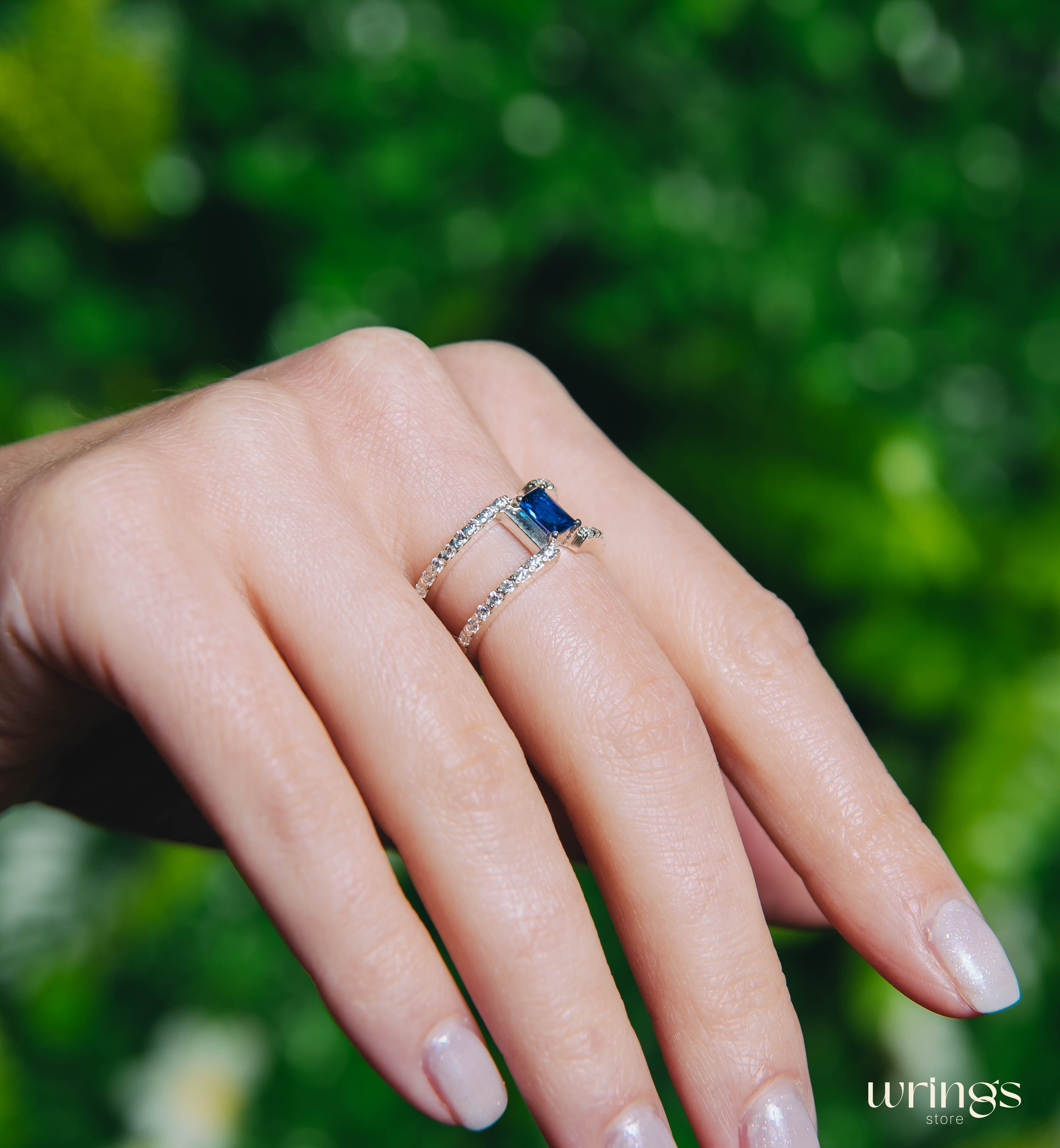 Octagon Cut Blue Topaz Double Engagement Ring Diamonds