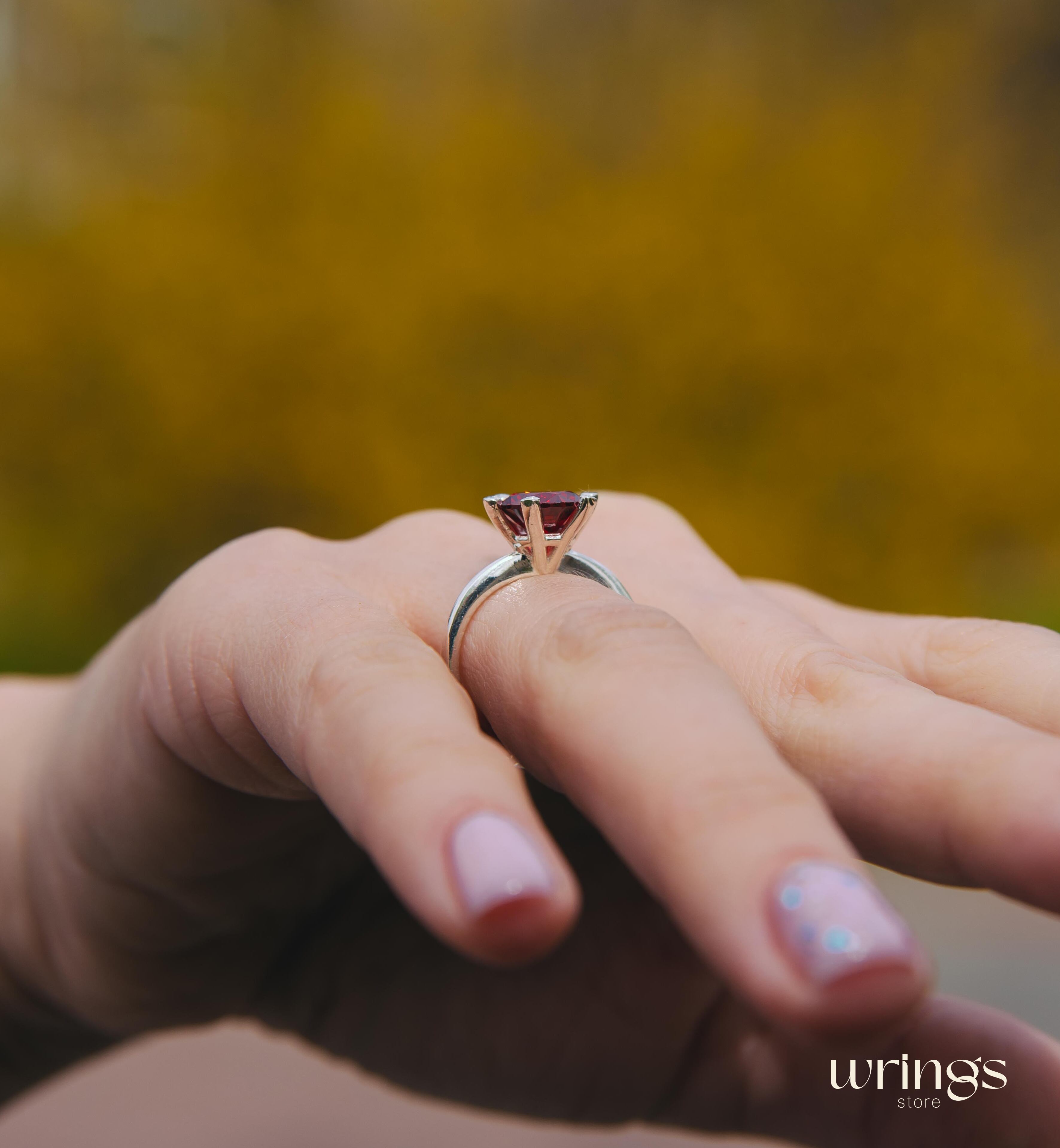 Large Red Round Garnet Solitaire Engagement Ring Silver