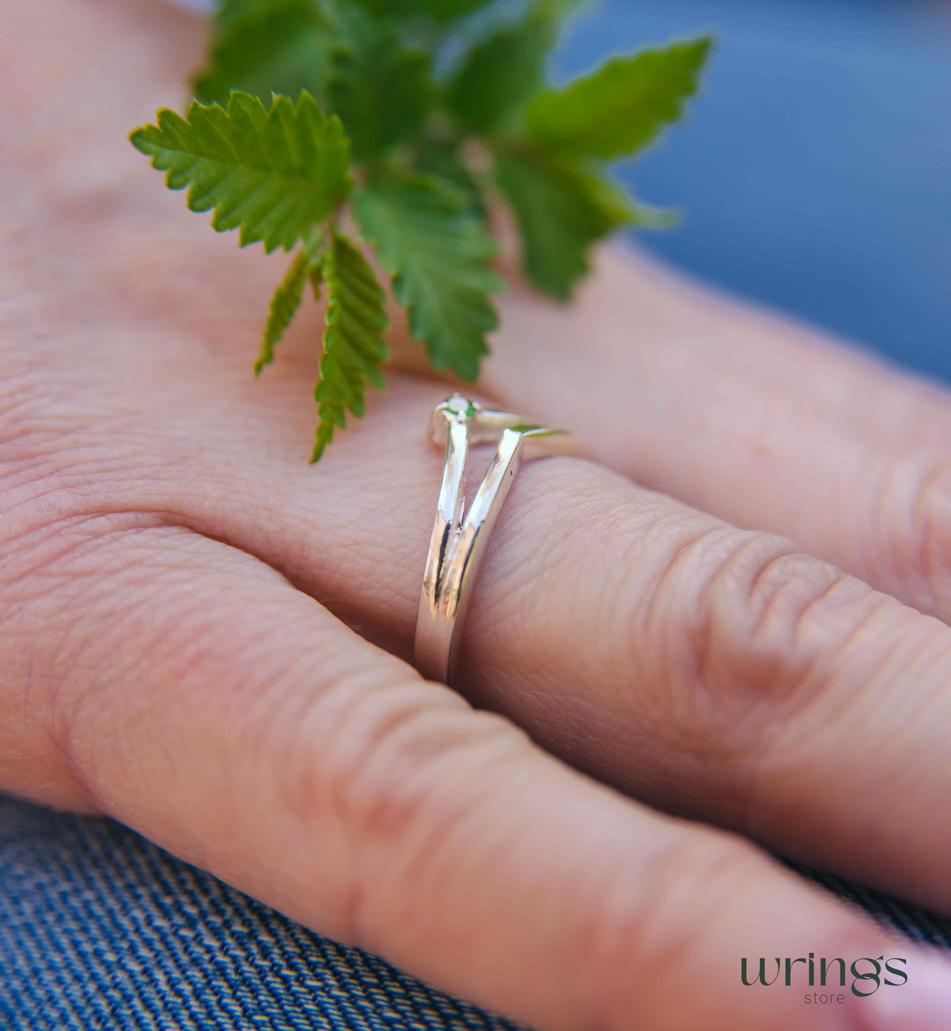 Small Emerald Double Chevron Wedding Ring Solid Silver