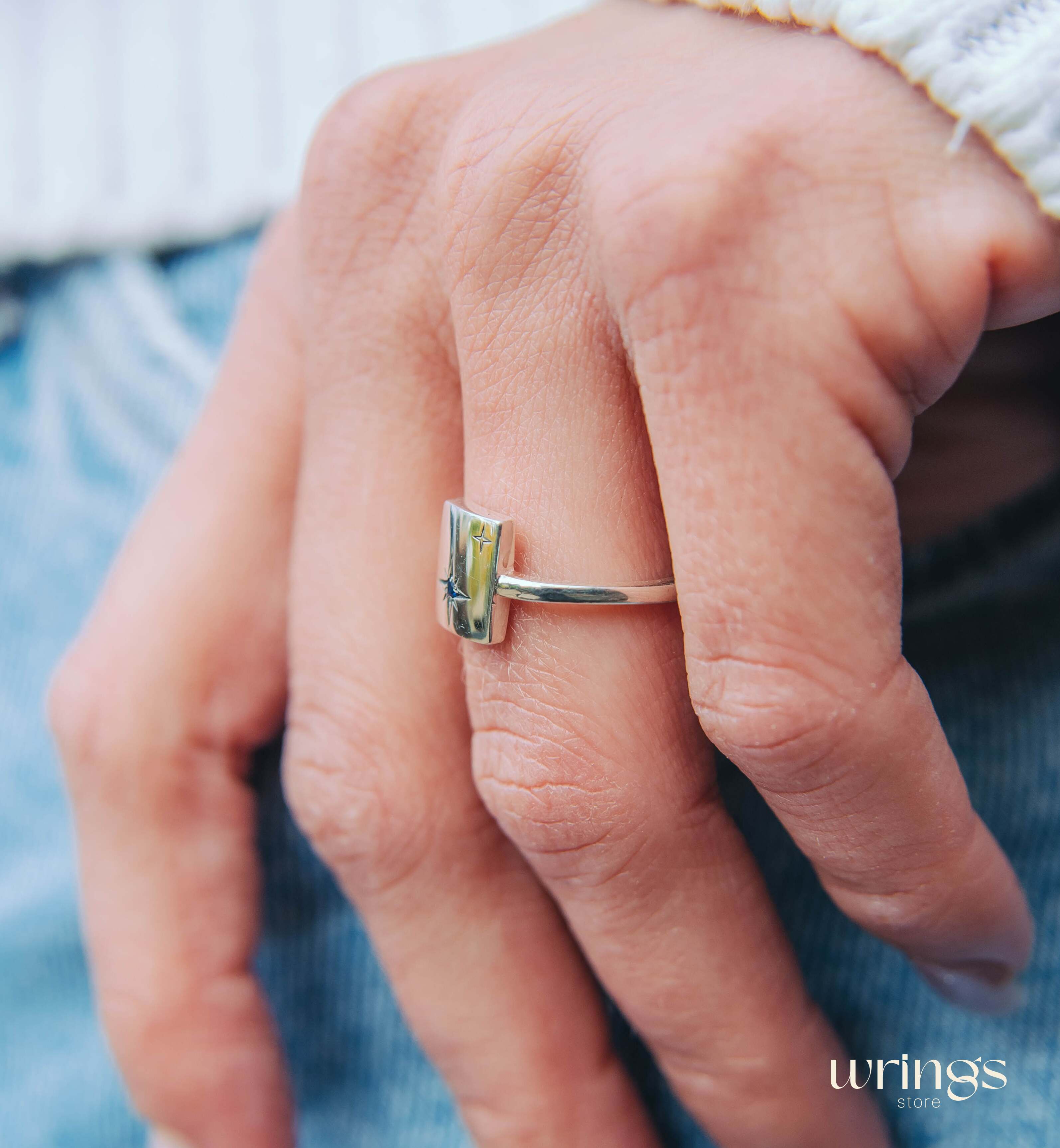 Engraved Stars Silver Signet Ring Sapphire and Thin Band