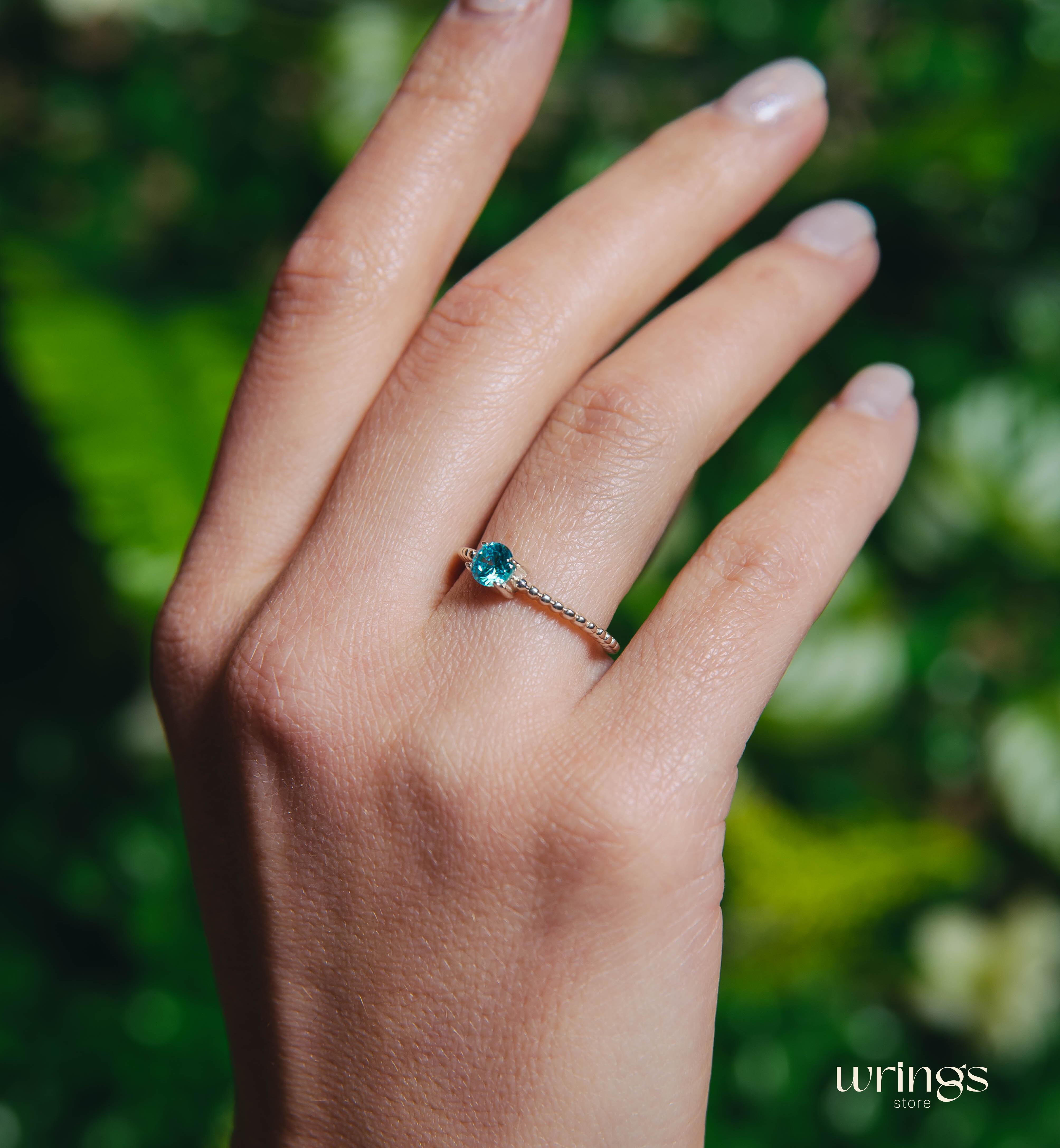 Delicate Thin Beads Silver Engagement Ring BlueTopaz