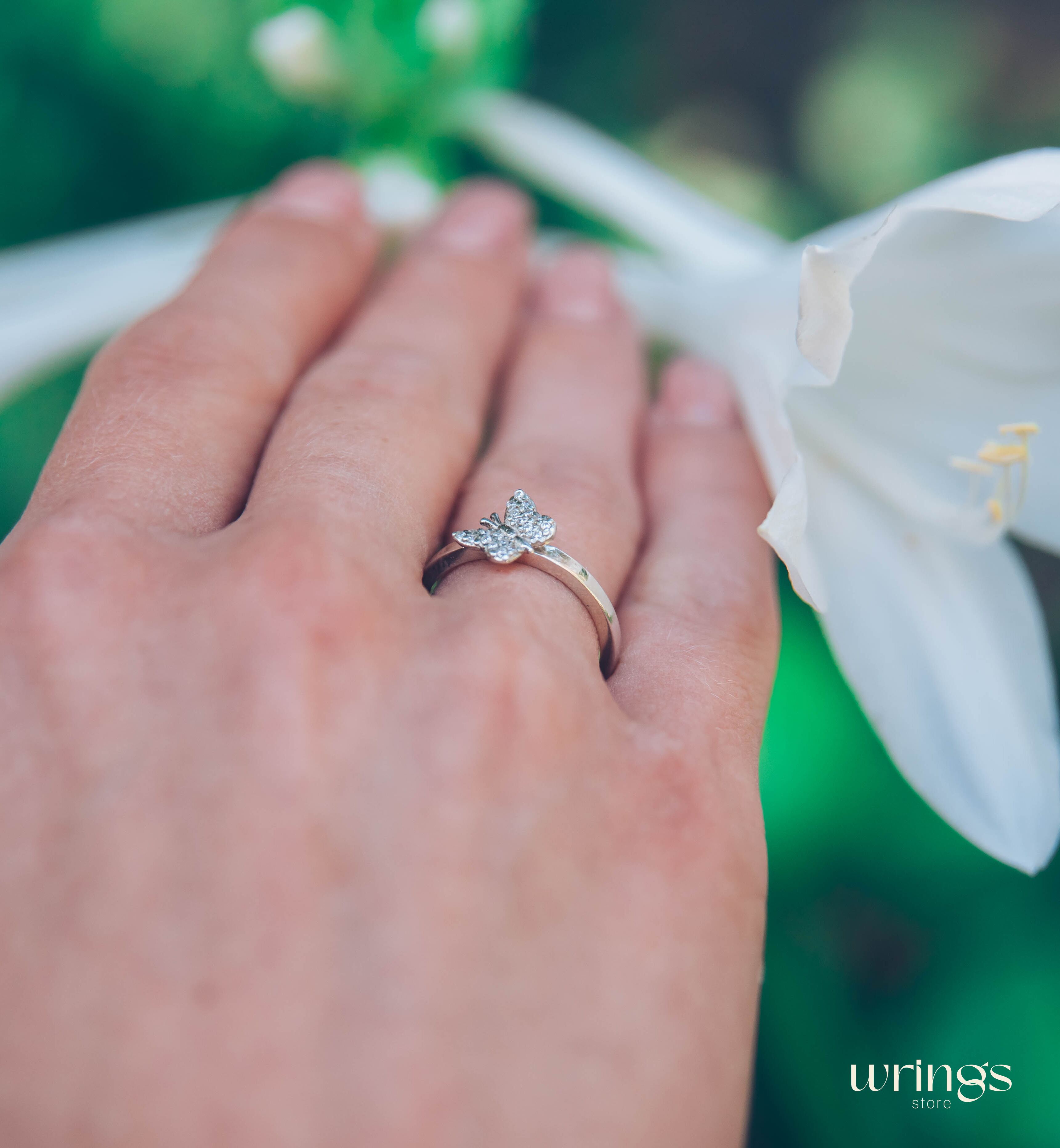 Women's Butterfly Promise Ring Silver with Cubic Zirconia