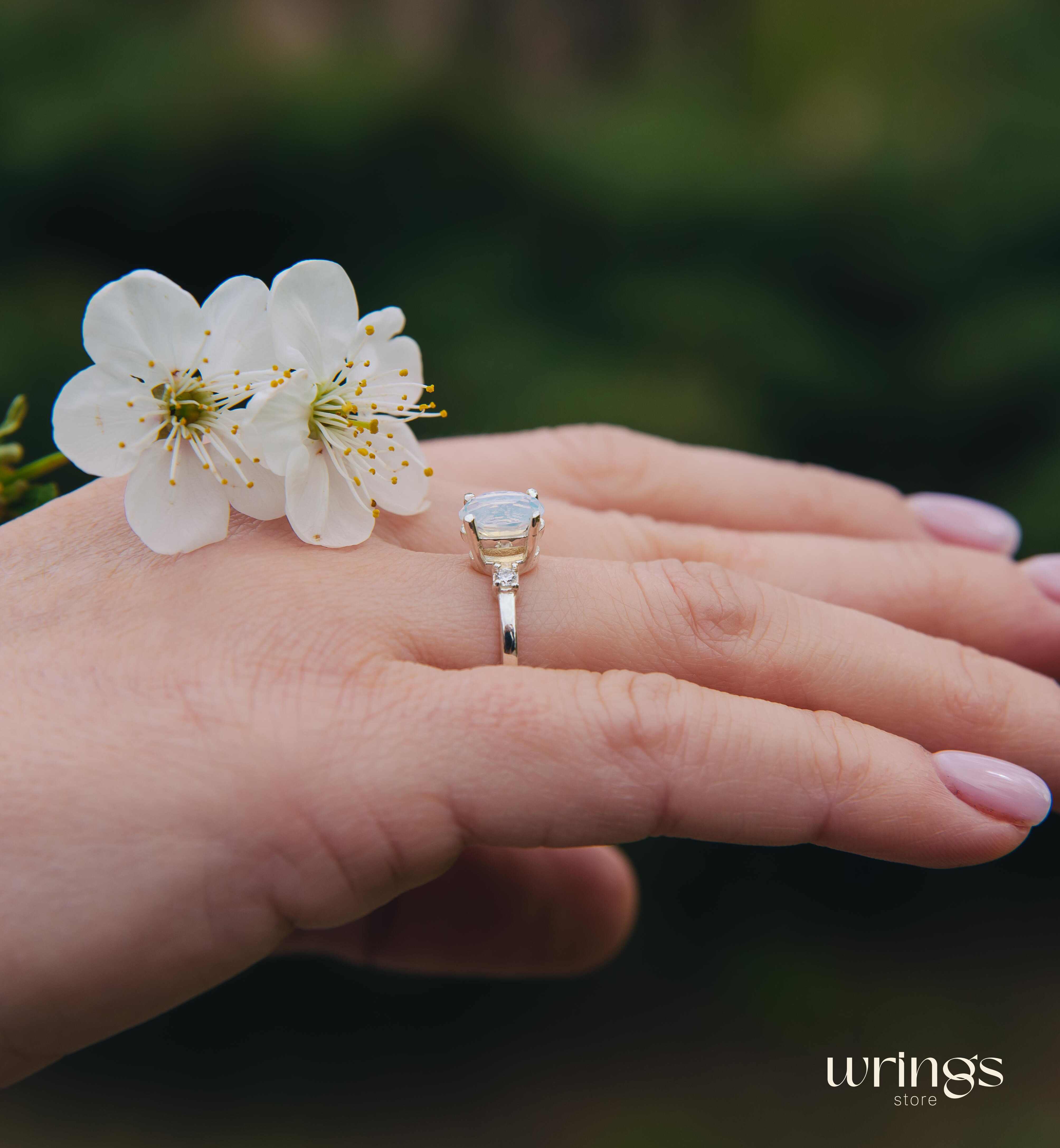 Large Oval Moon Stone & White Side Stones Ring Silver