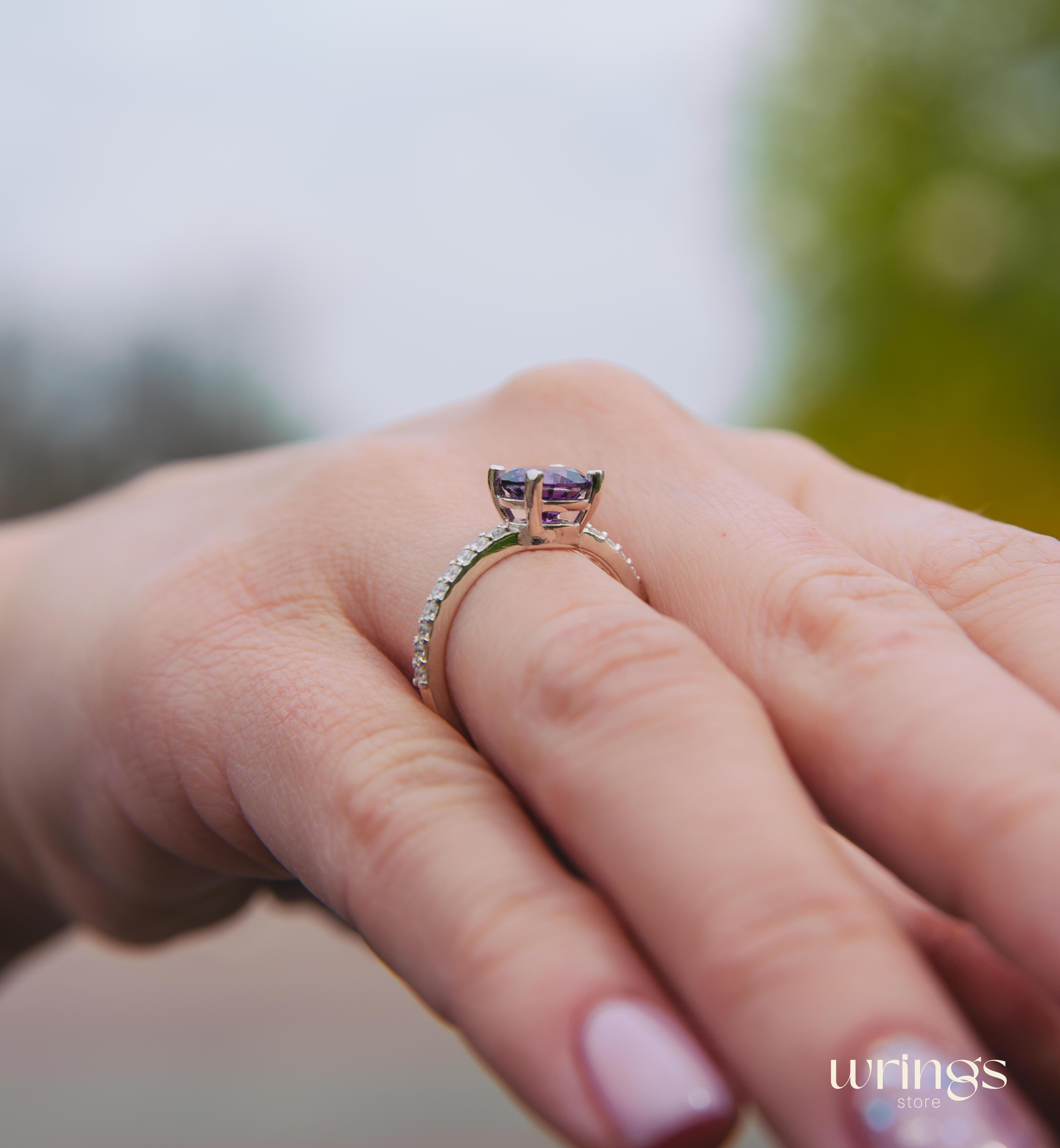 Amethyst Engagement Ring Silver with White Gems on Band