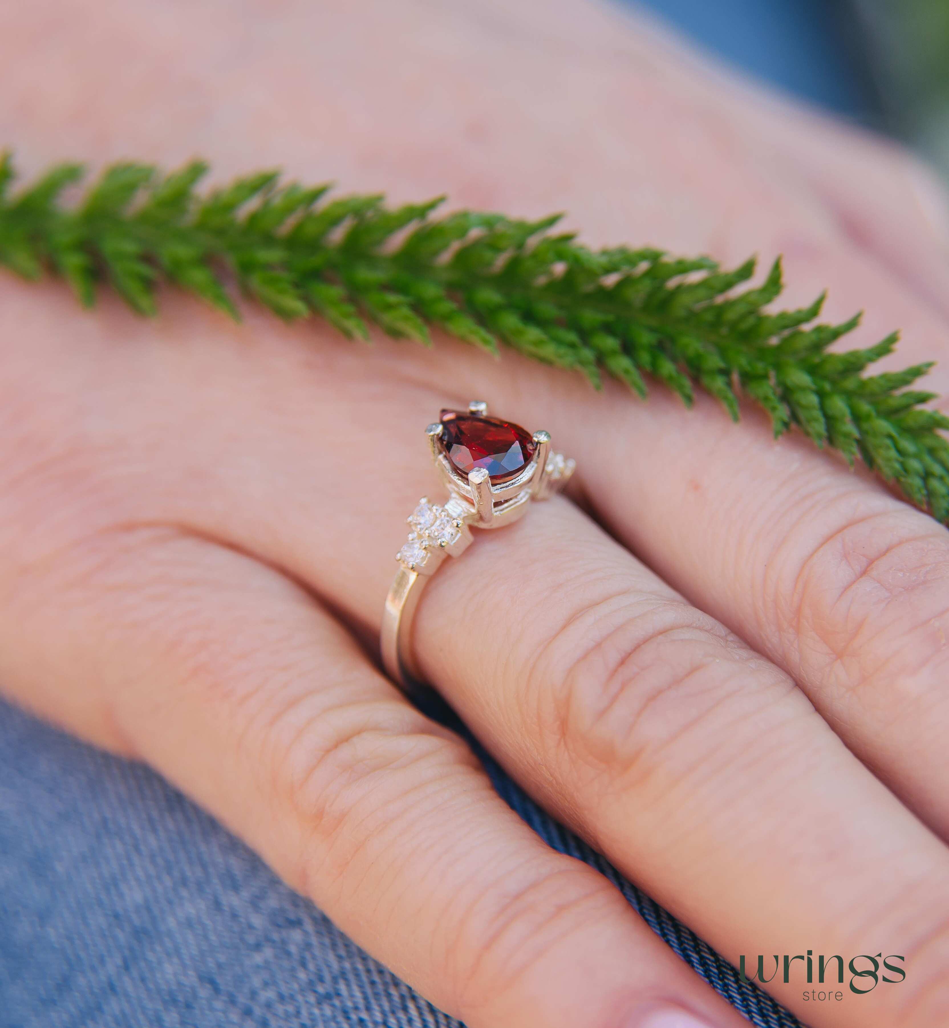 Large Red Pear cut Garnet Cluster Cocktail Ring Silver