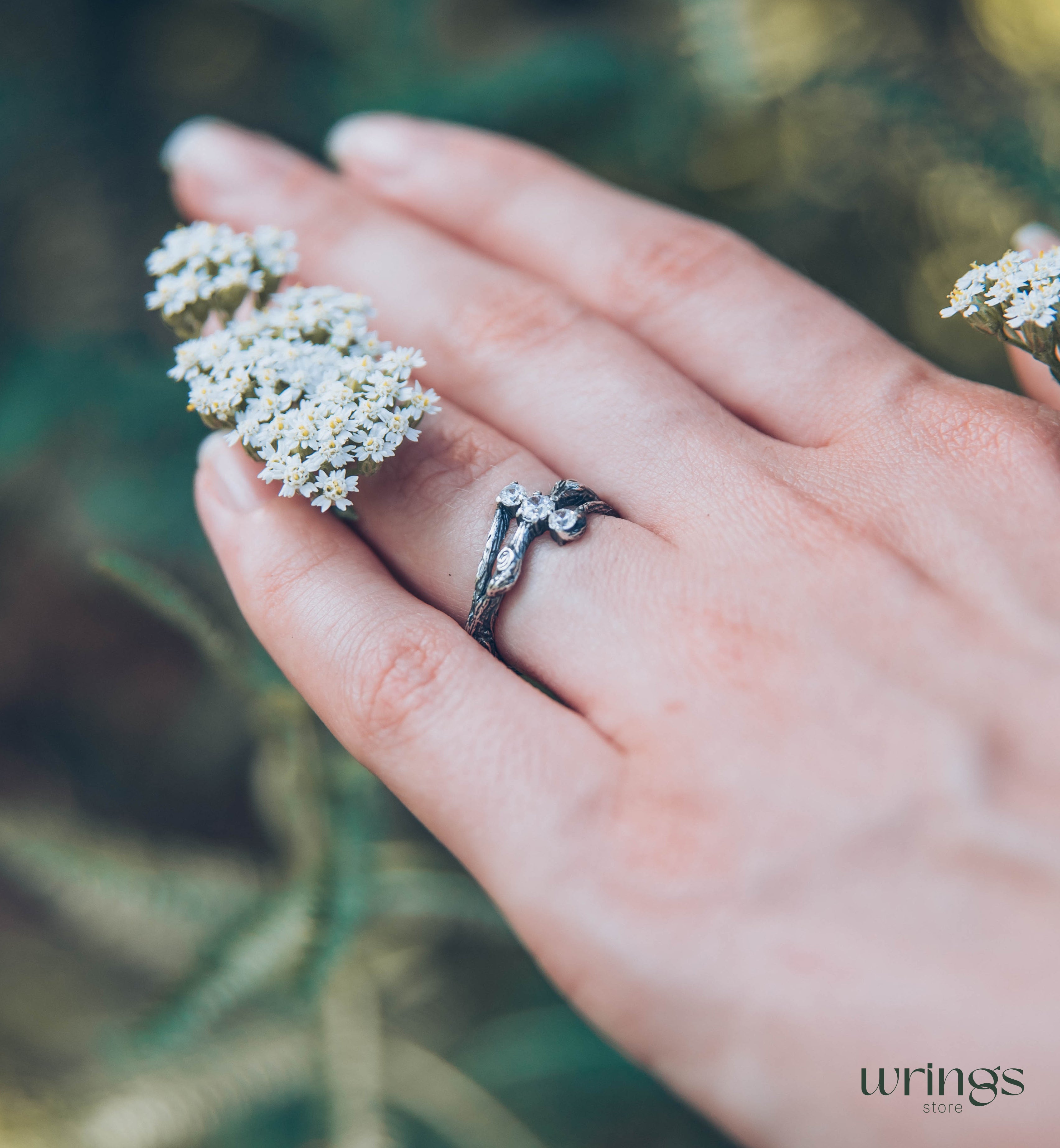 Three Stones on a Three Silver Twigs Cute Engagement Ring