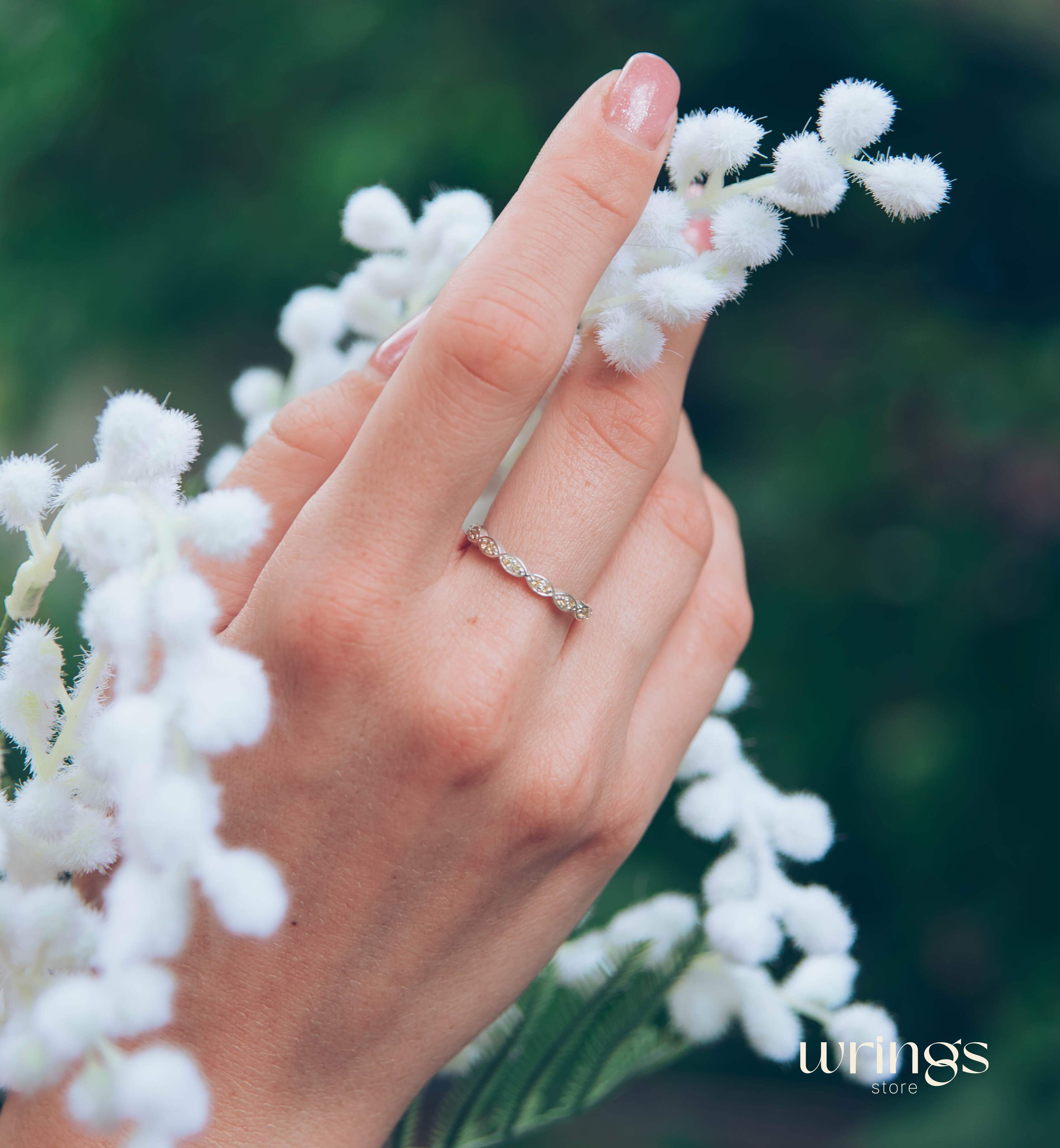 Silver Beaded Band Multiple Yellow Citrine Promise Ring