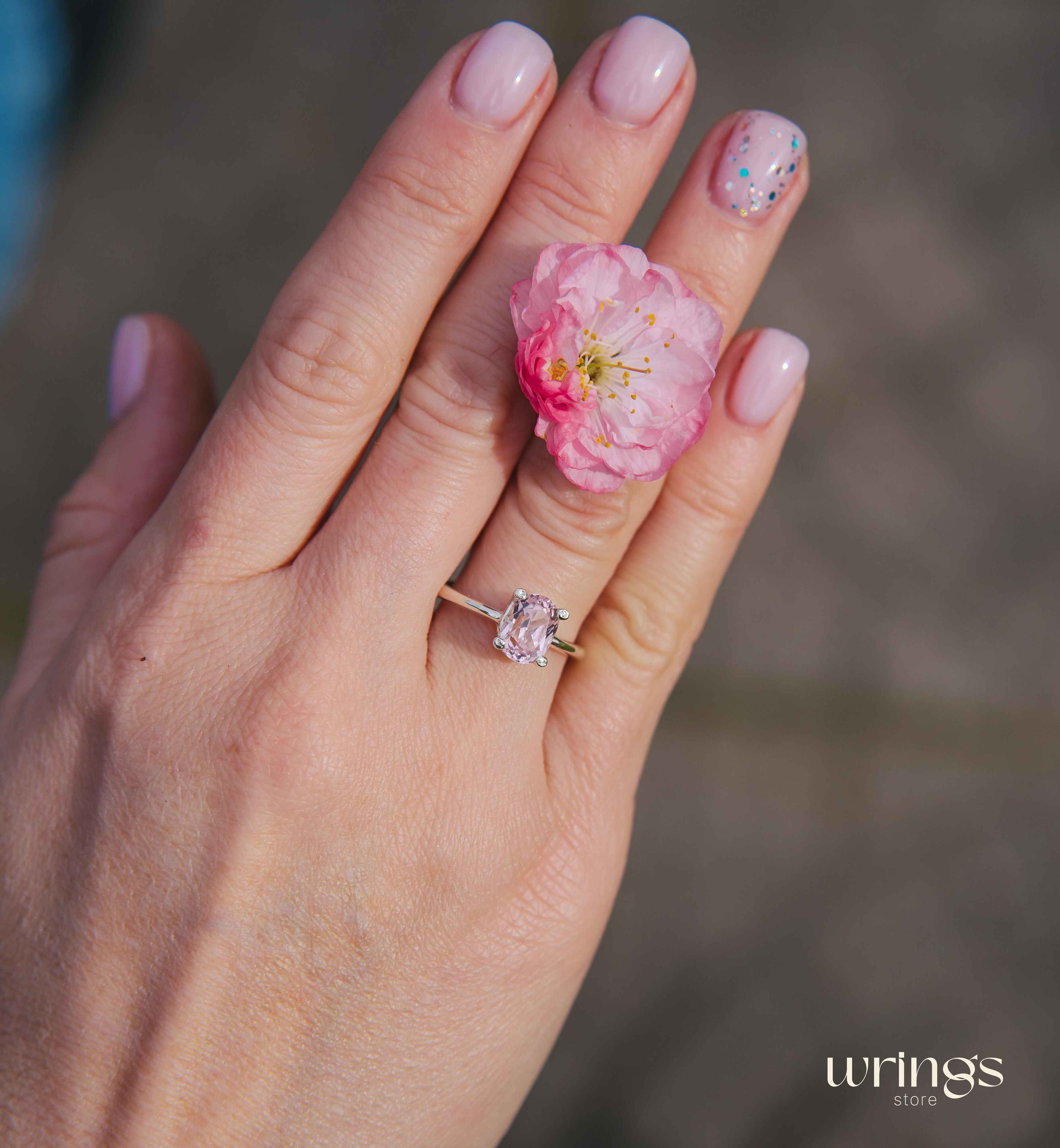 Large Oval Rose Quartz Solitaire Ring Sterling Silver