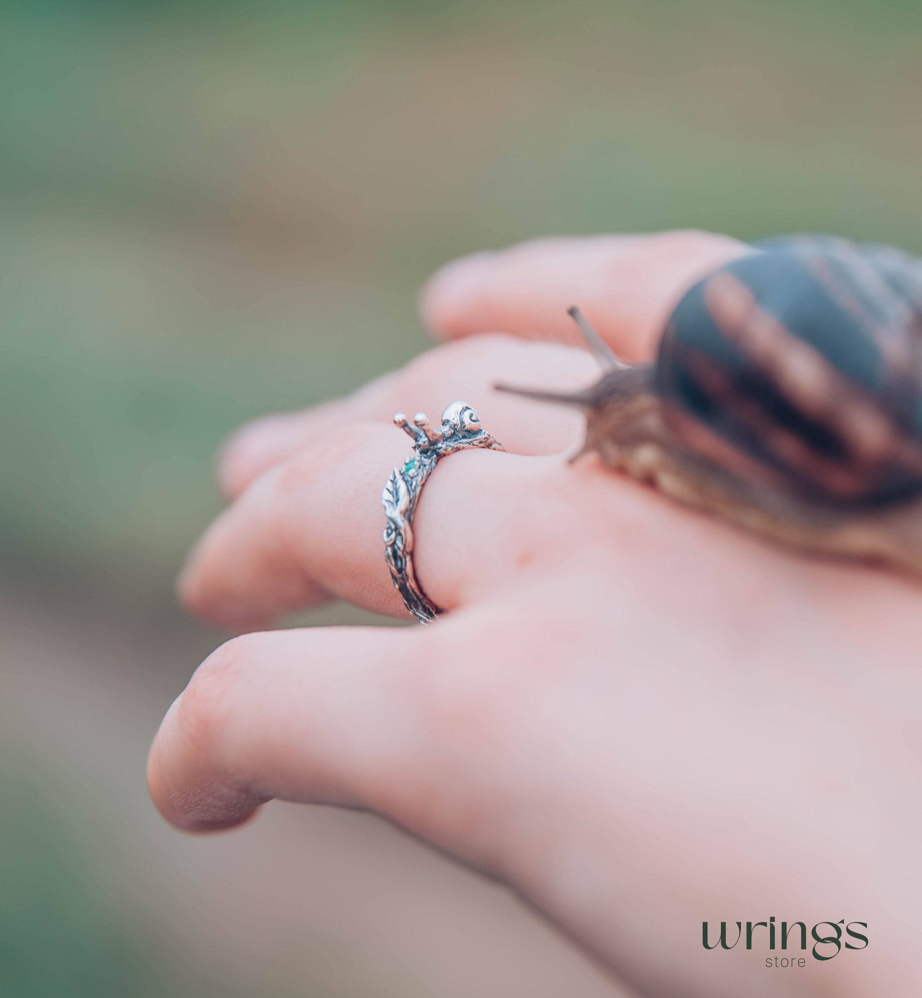 Snail on a Tiny Silver Twig with Leaf Emerald Ring