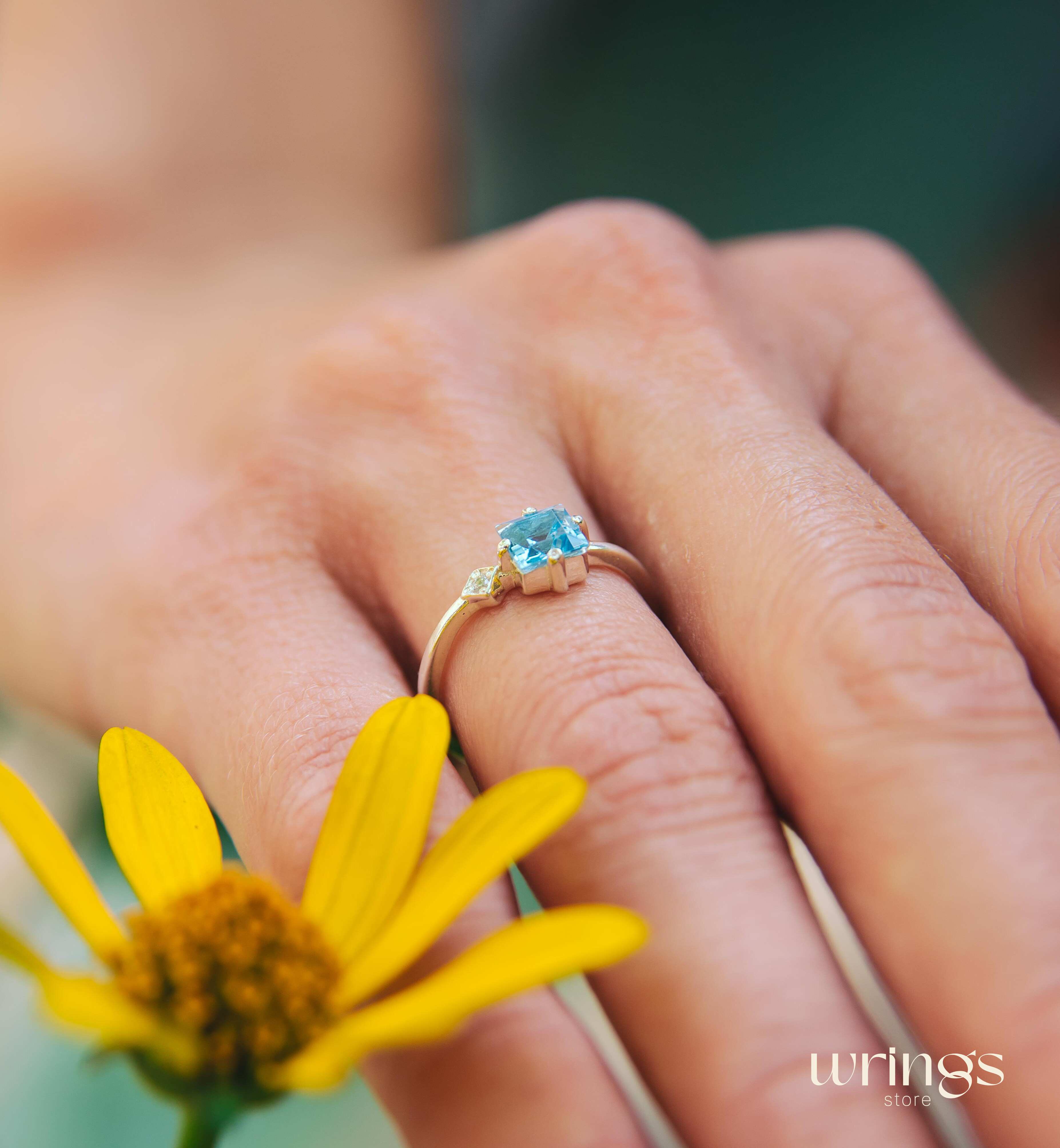 Square Swiss Topaz Ring Silver Side White Stone CZ