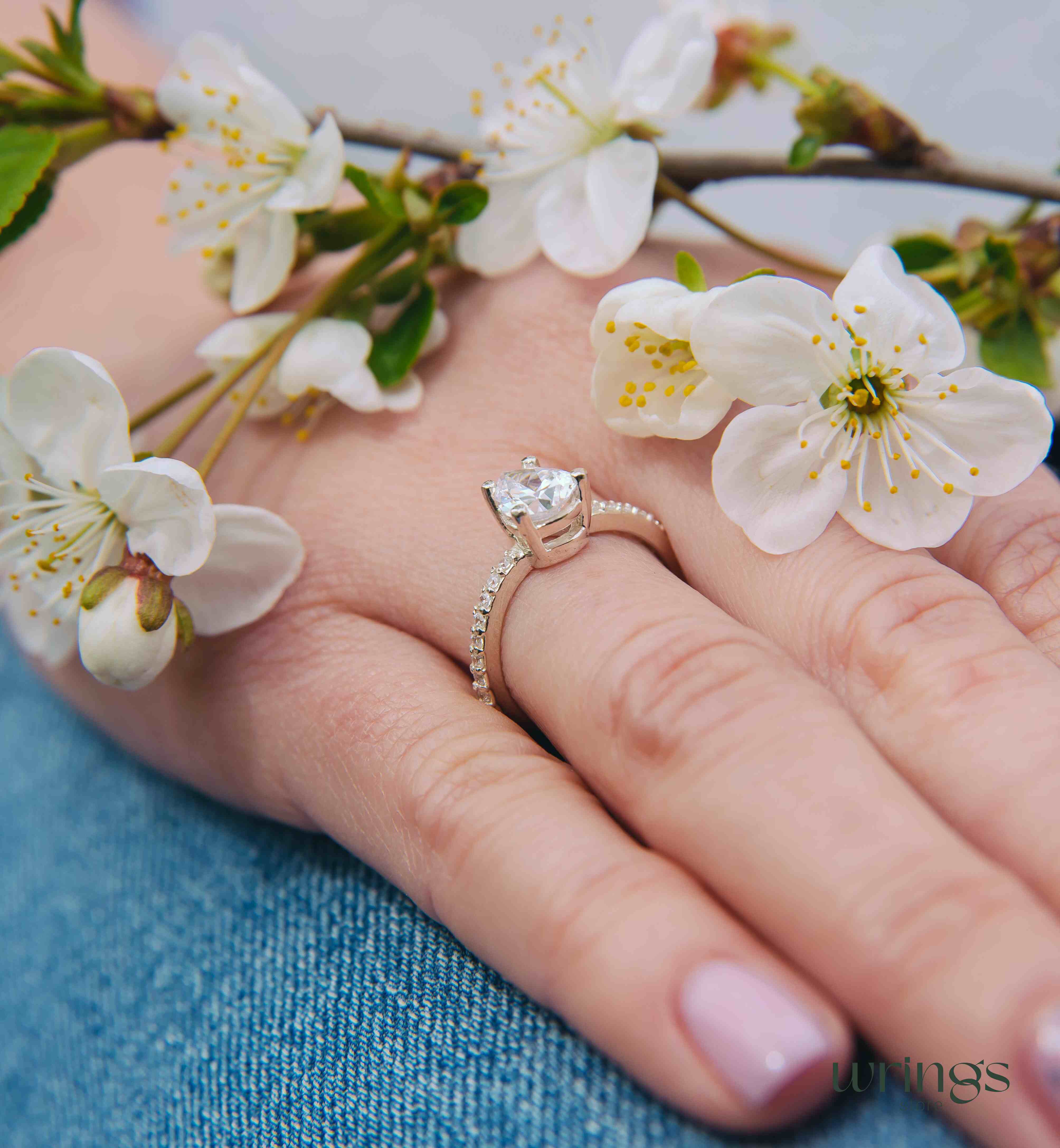 Large Pear White Stone & CZ Side Stones Engagement Ring