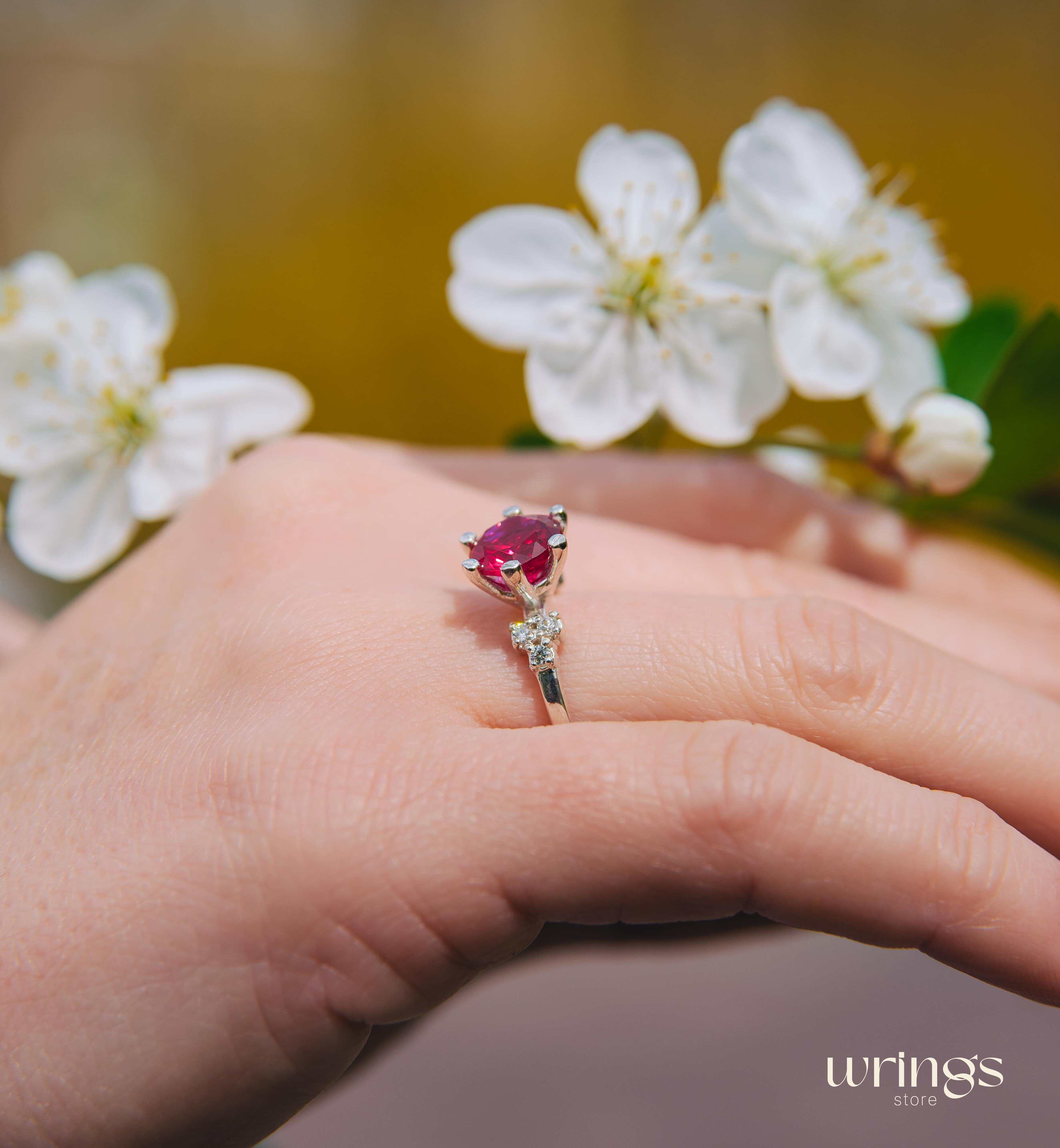 Large Red Simulated Ruby Cluster Engagemet Ring Silver