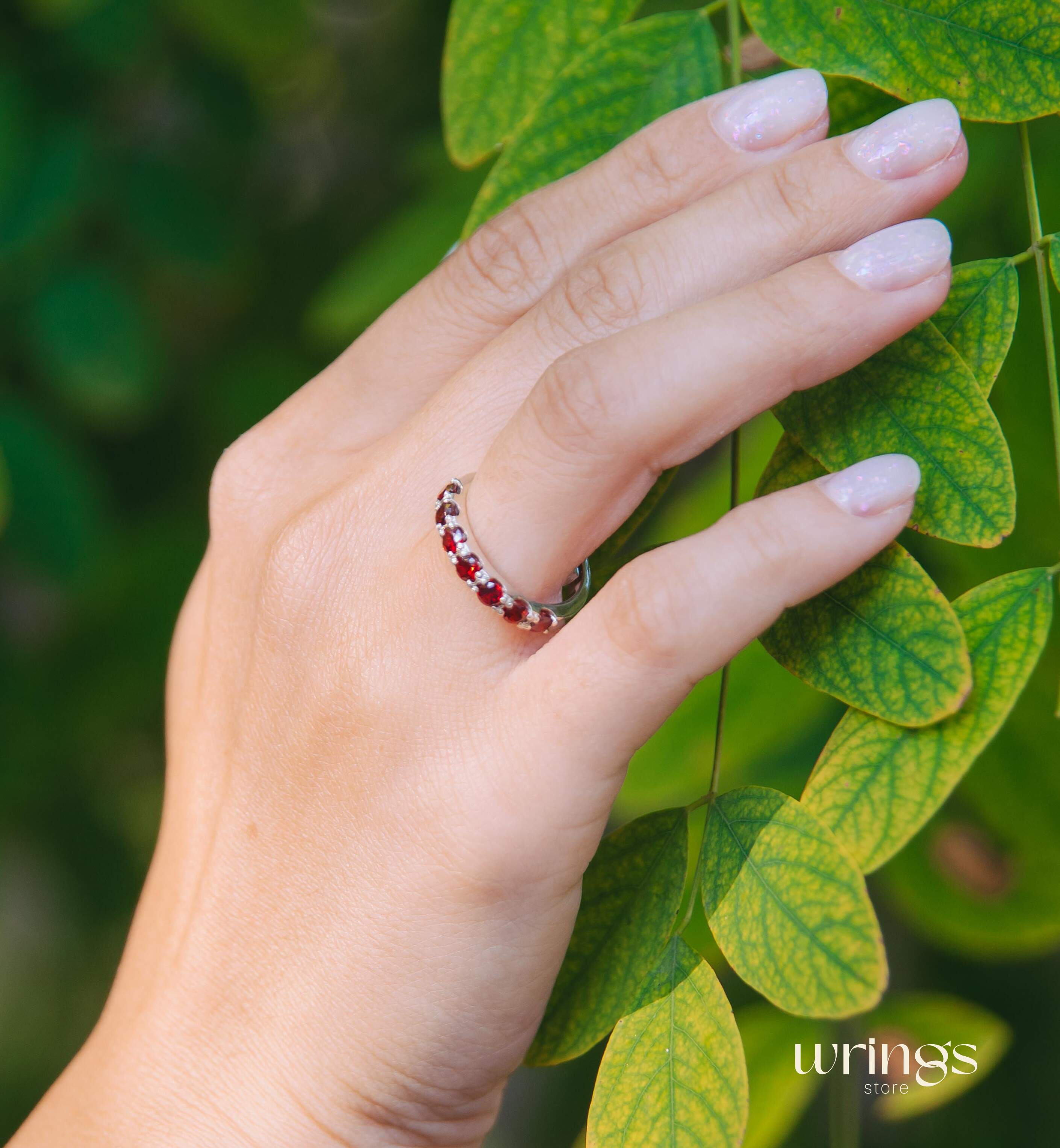 7 Natural Garnets Multi Stone Wedding Band Silver