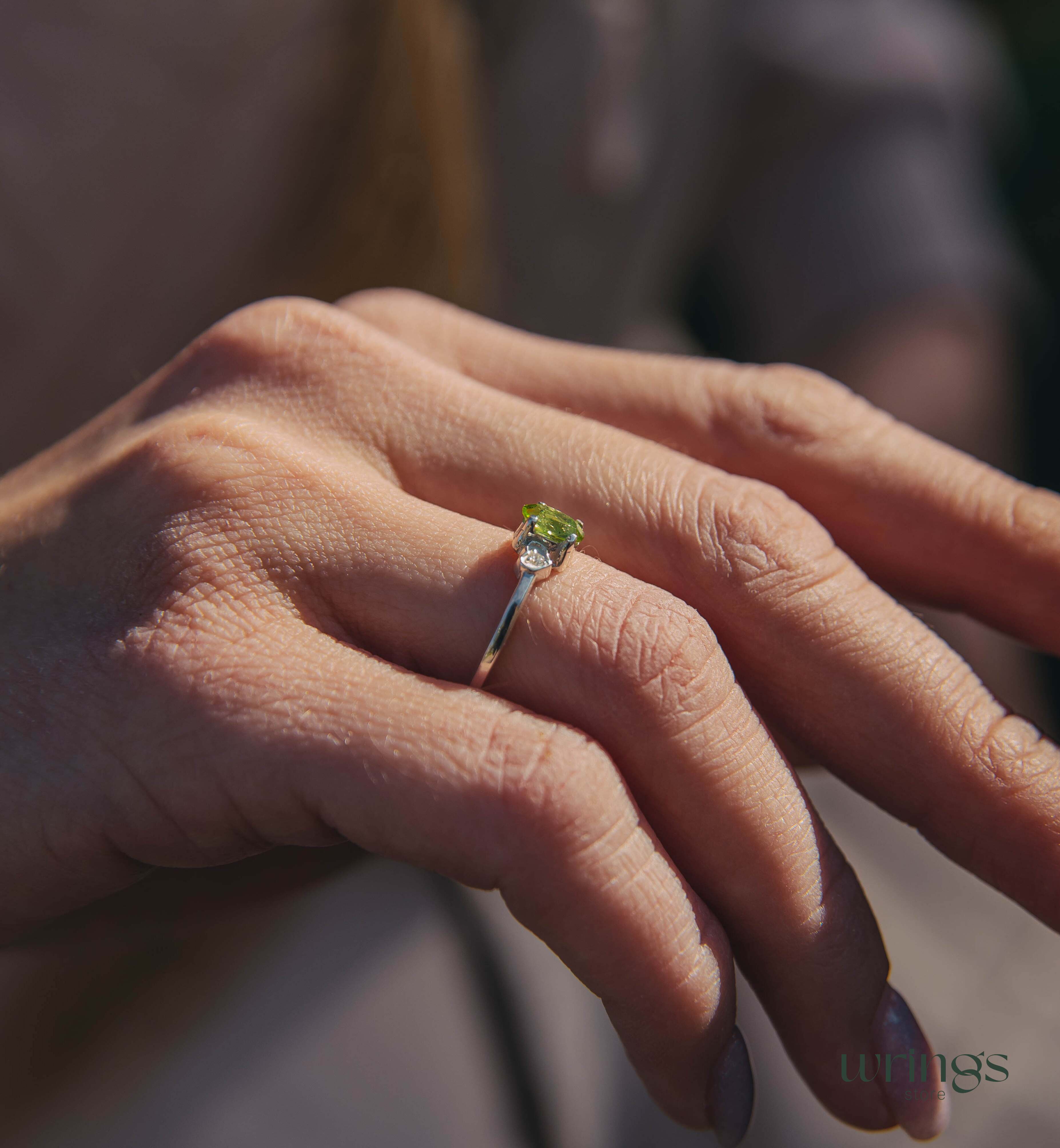 Vertical Oval Peridot Engagement Ring Silver & Heart