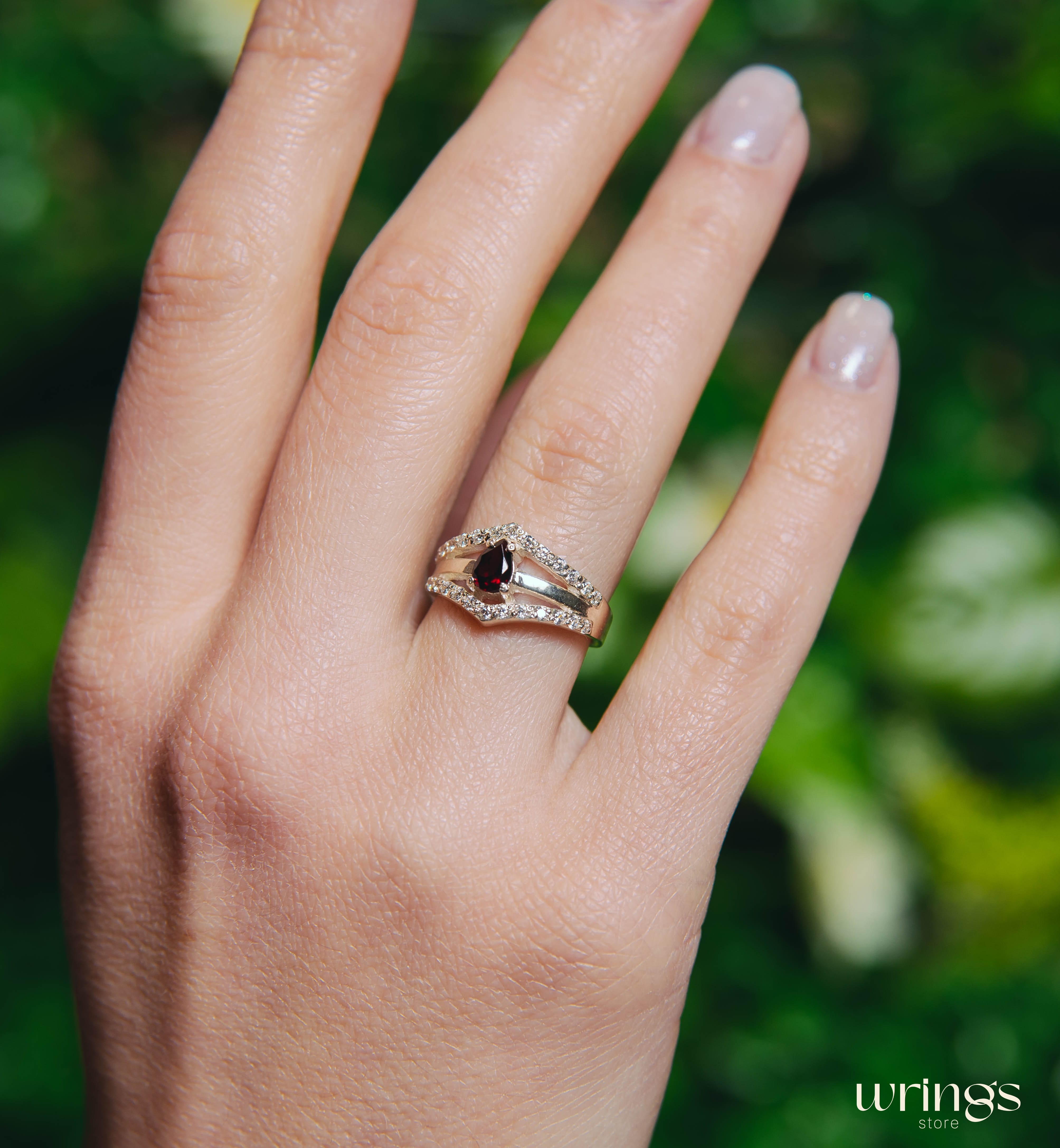 Pear Garnet Statement Ring Silver Double V shaped