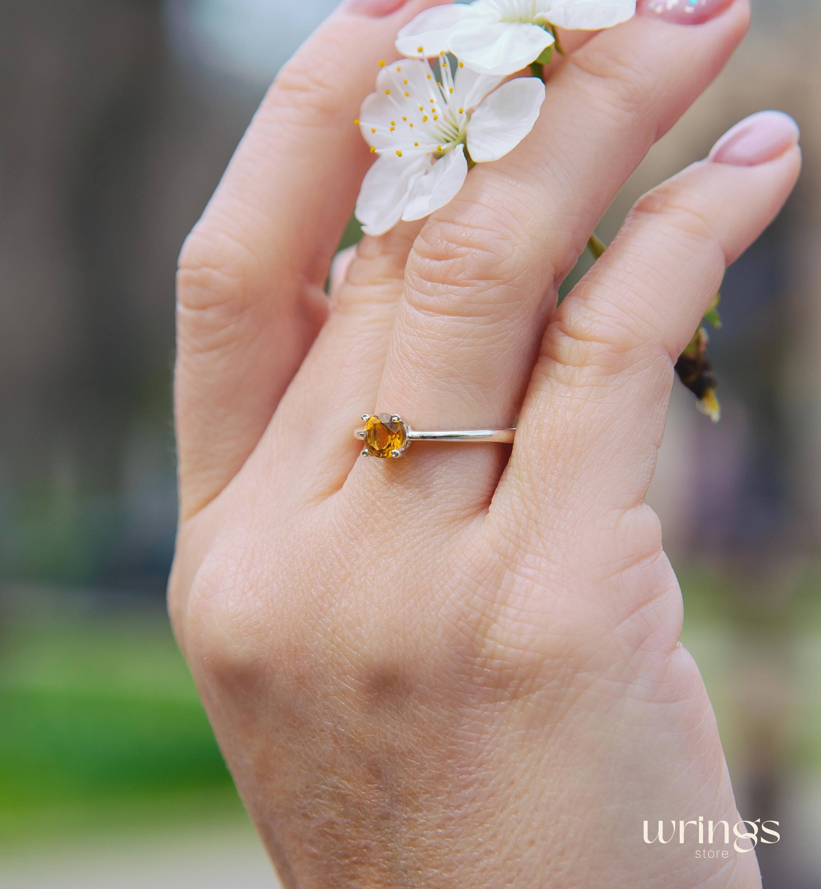 Yellow Citrine Classic Silver Solitaire Engagement Ring