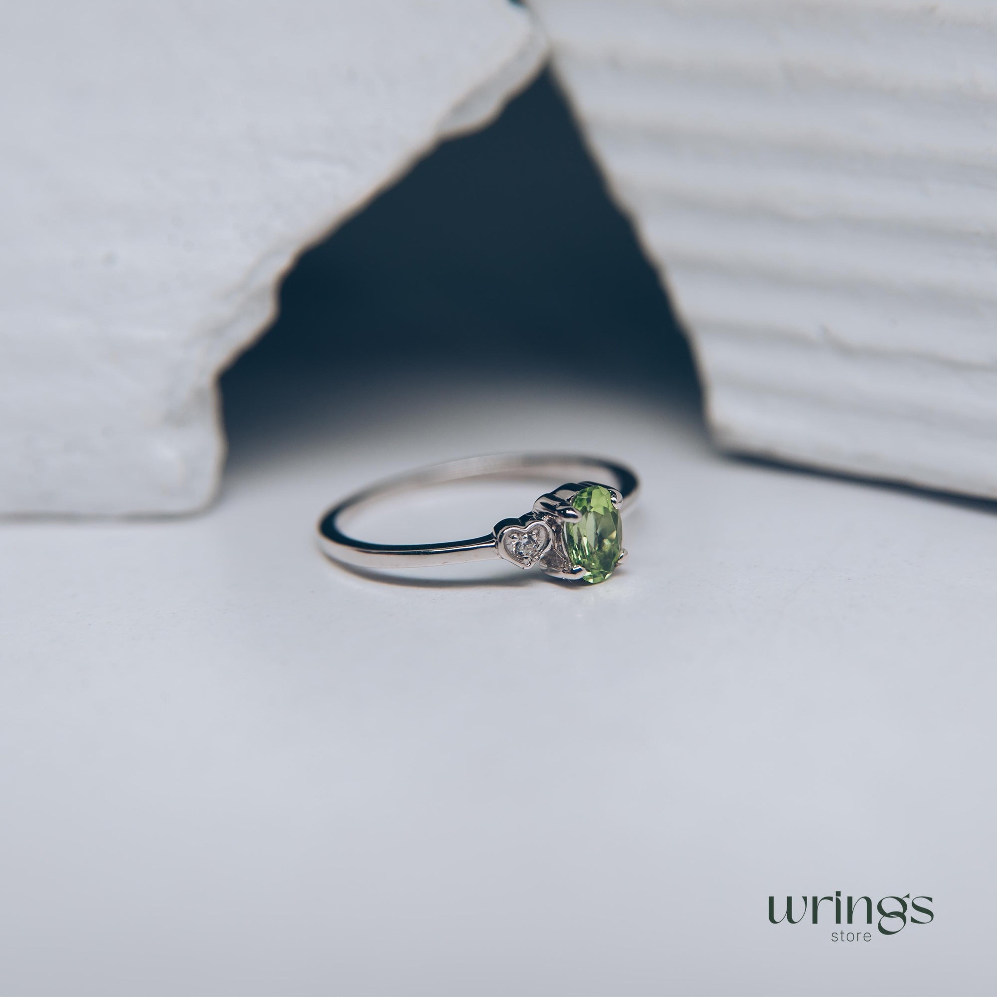 Peridot & CZ Heart Silver Engagement Ring