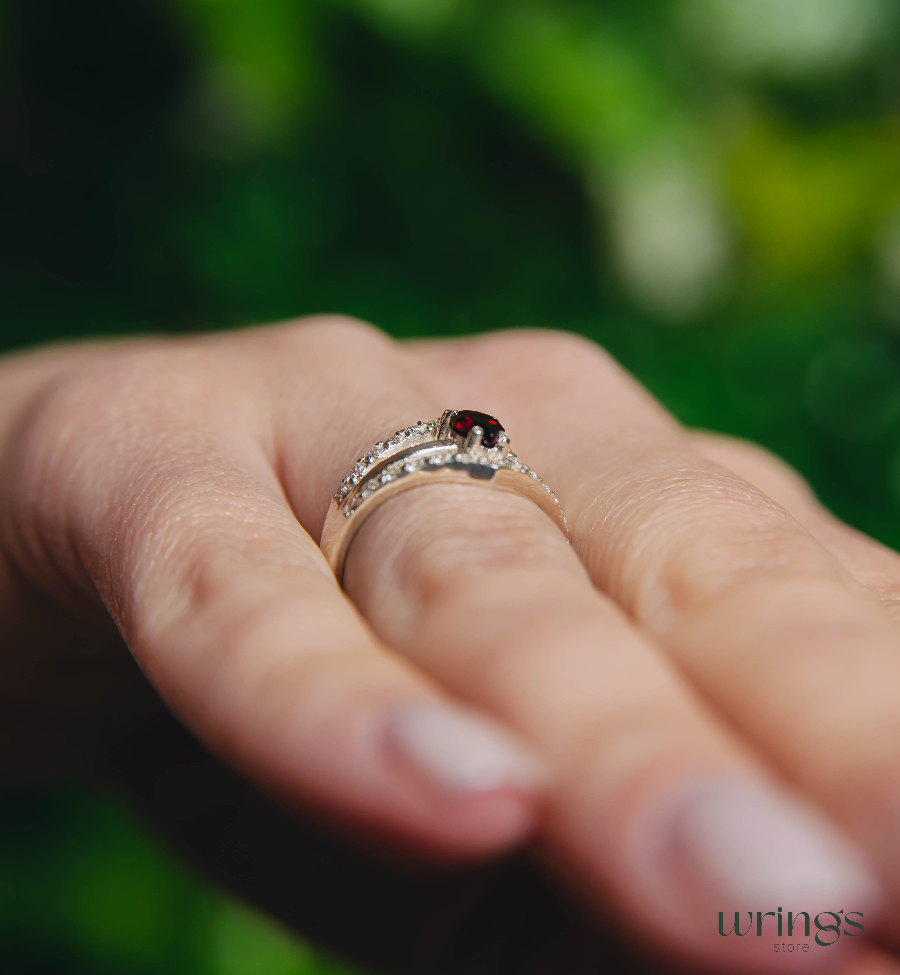 Pear Garnet Statement Ring Silver Double V shaped