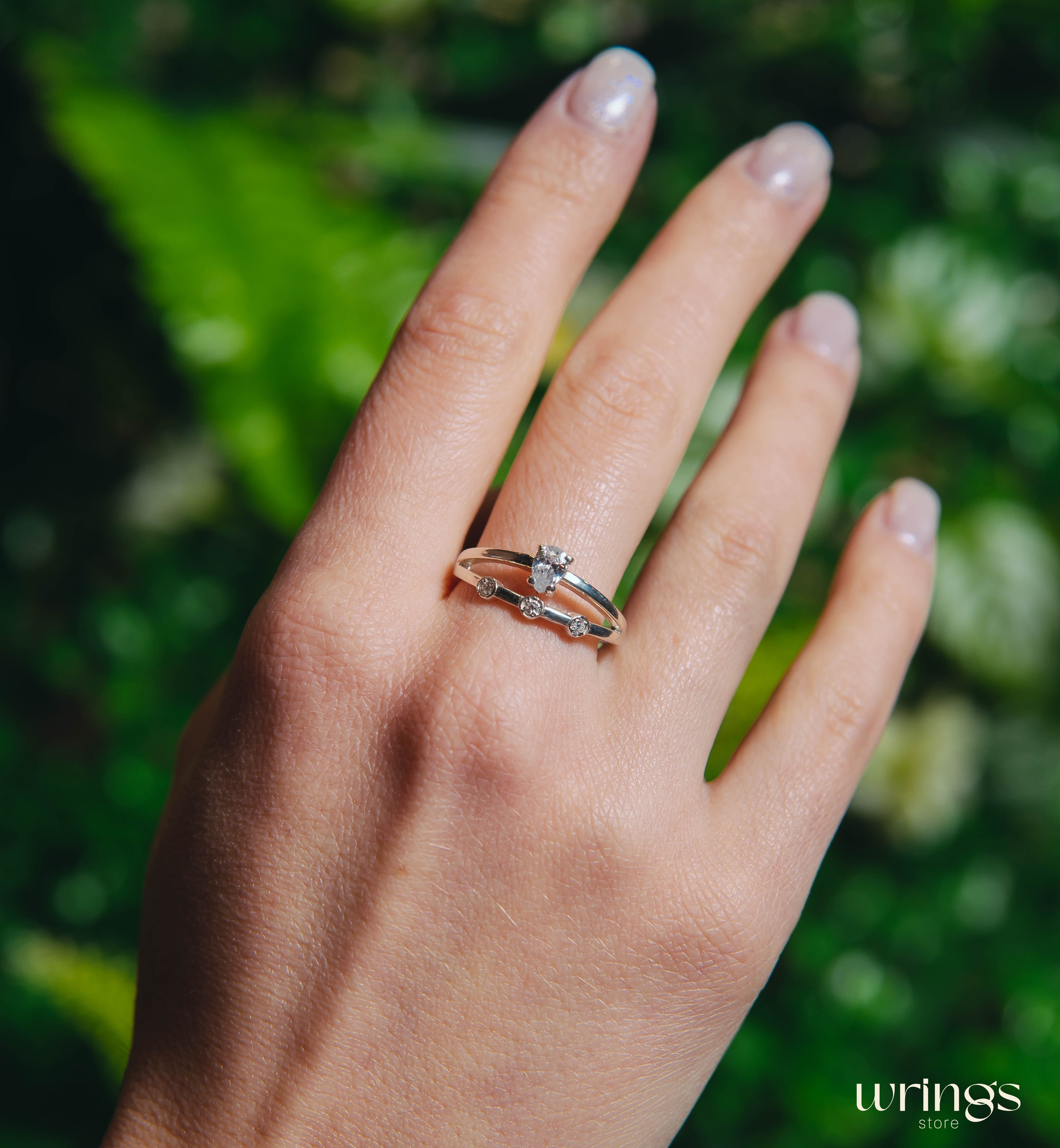 Pear Diamond CZ Double Engagement Ring Band Side Stones
