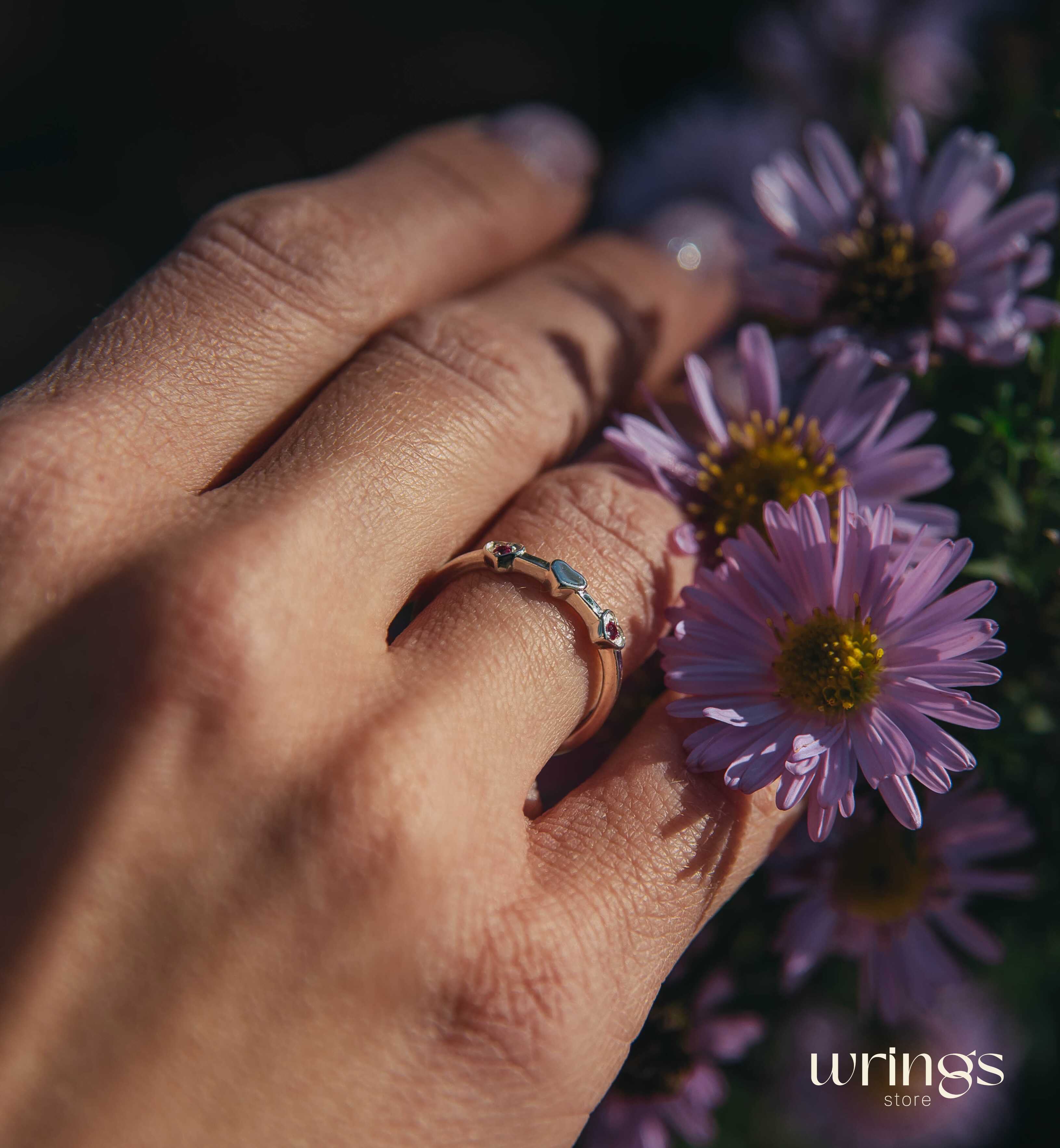 2 Real Rubies and 3 Hearts Unique Silver Promise Ring