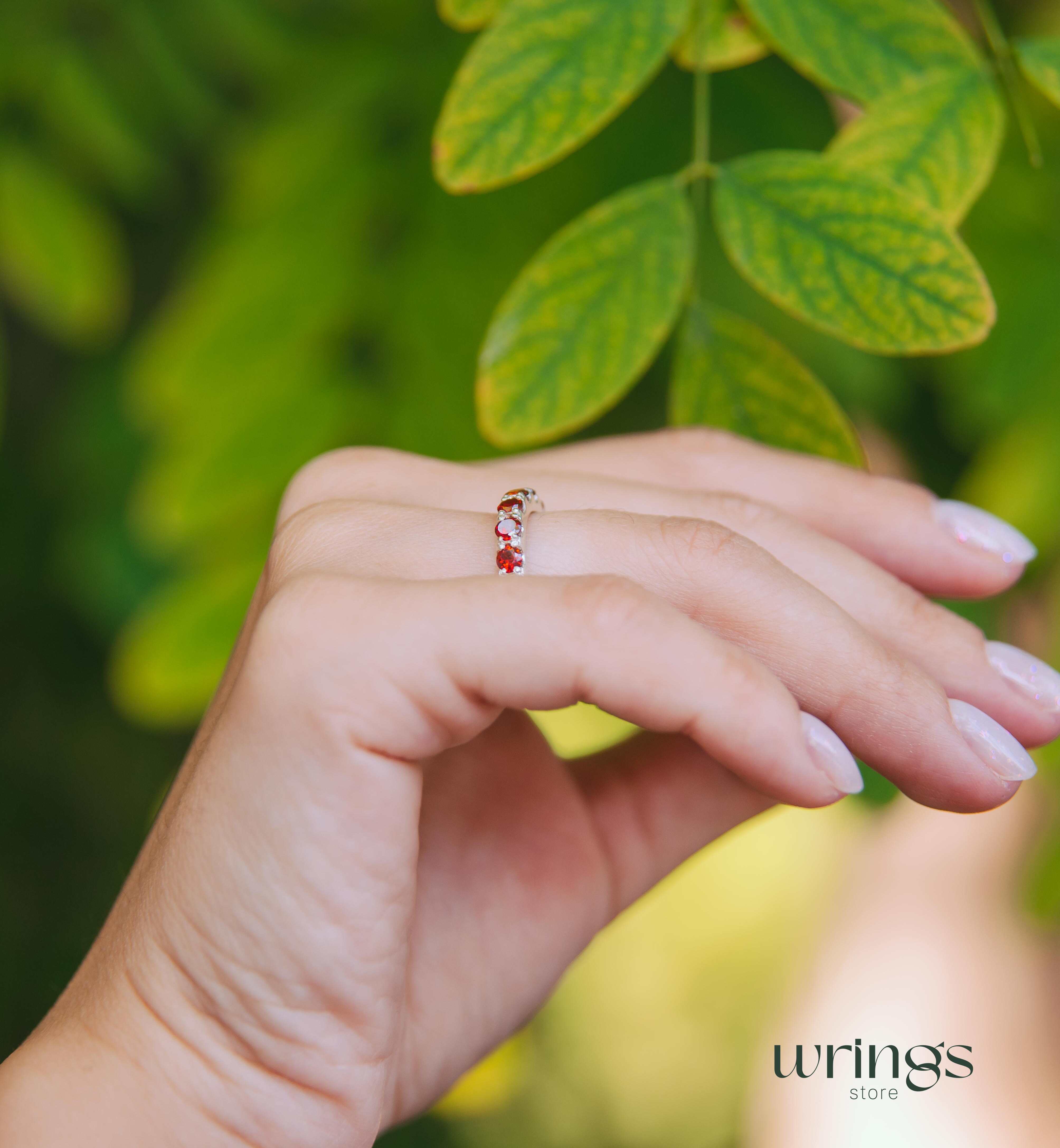 7 Natural Garnets Multi Stone Wedding Band Silver