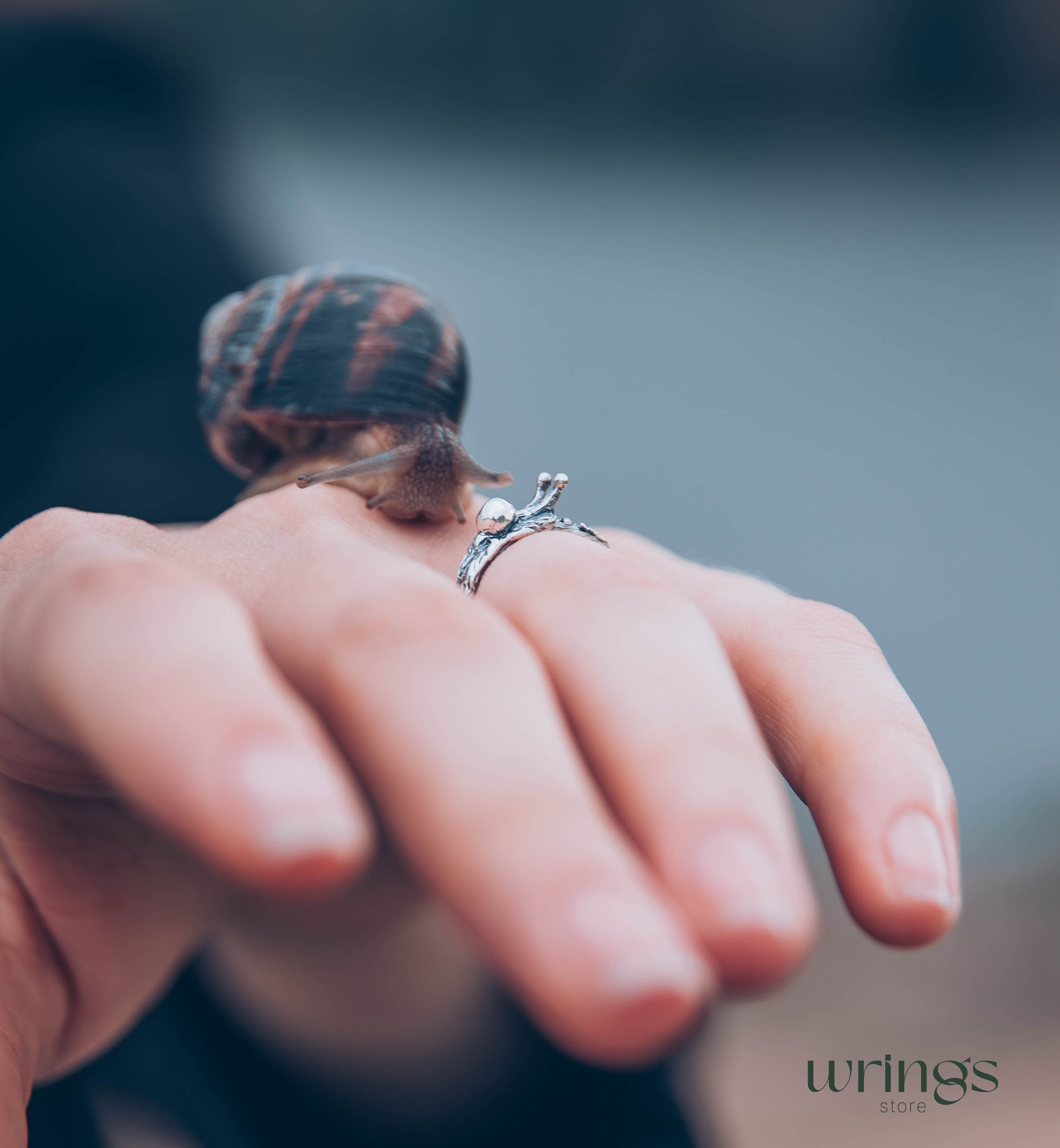 Snail on a Tiny Silver Twig with Leaf Emerald Ring