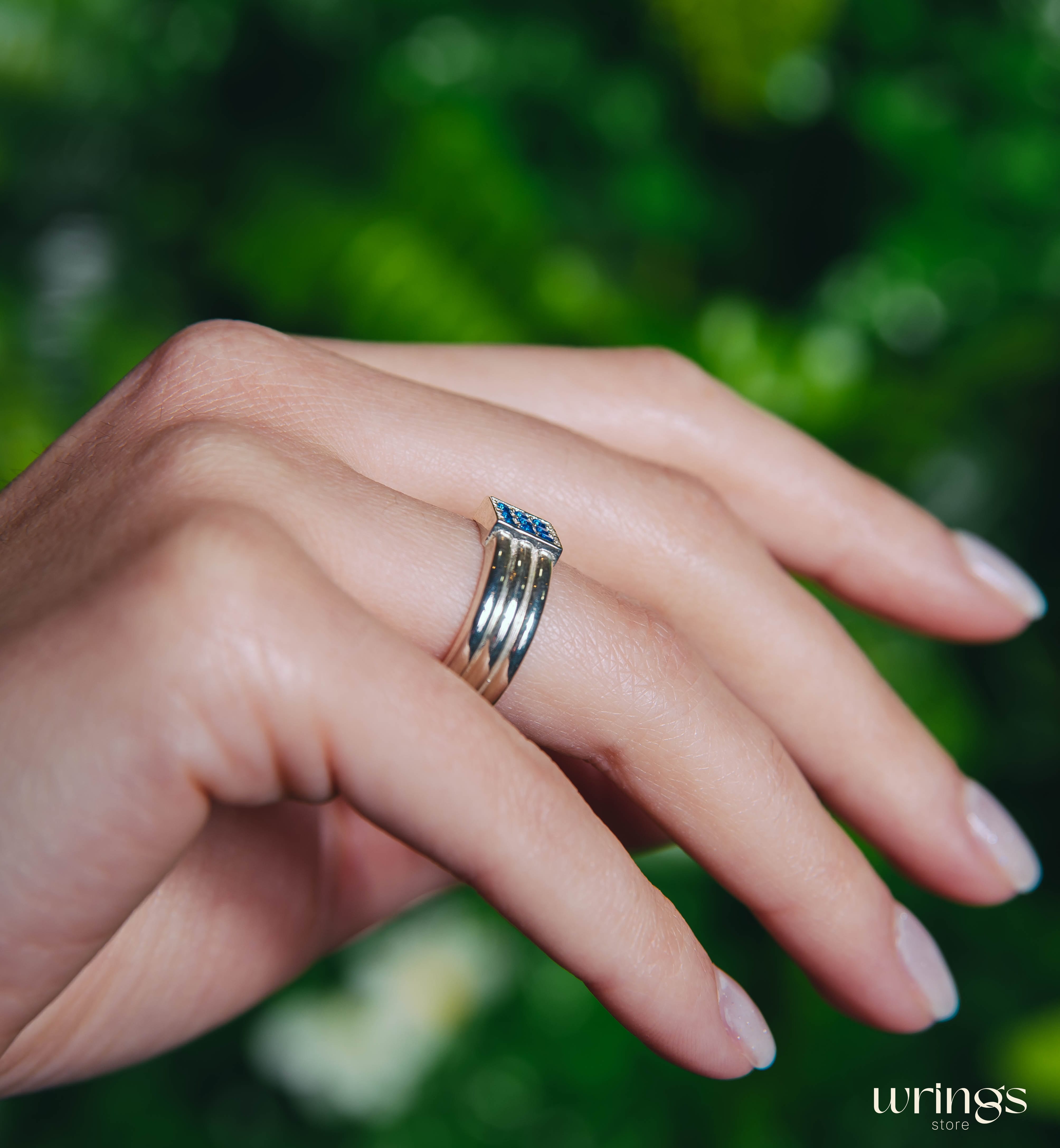 Thick Silver Wedding Band with Natural Blue Sapphires