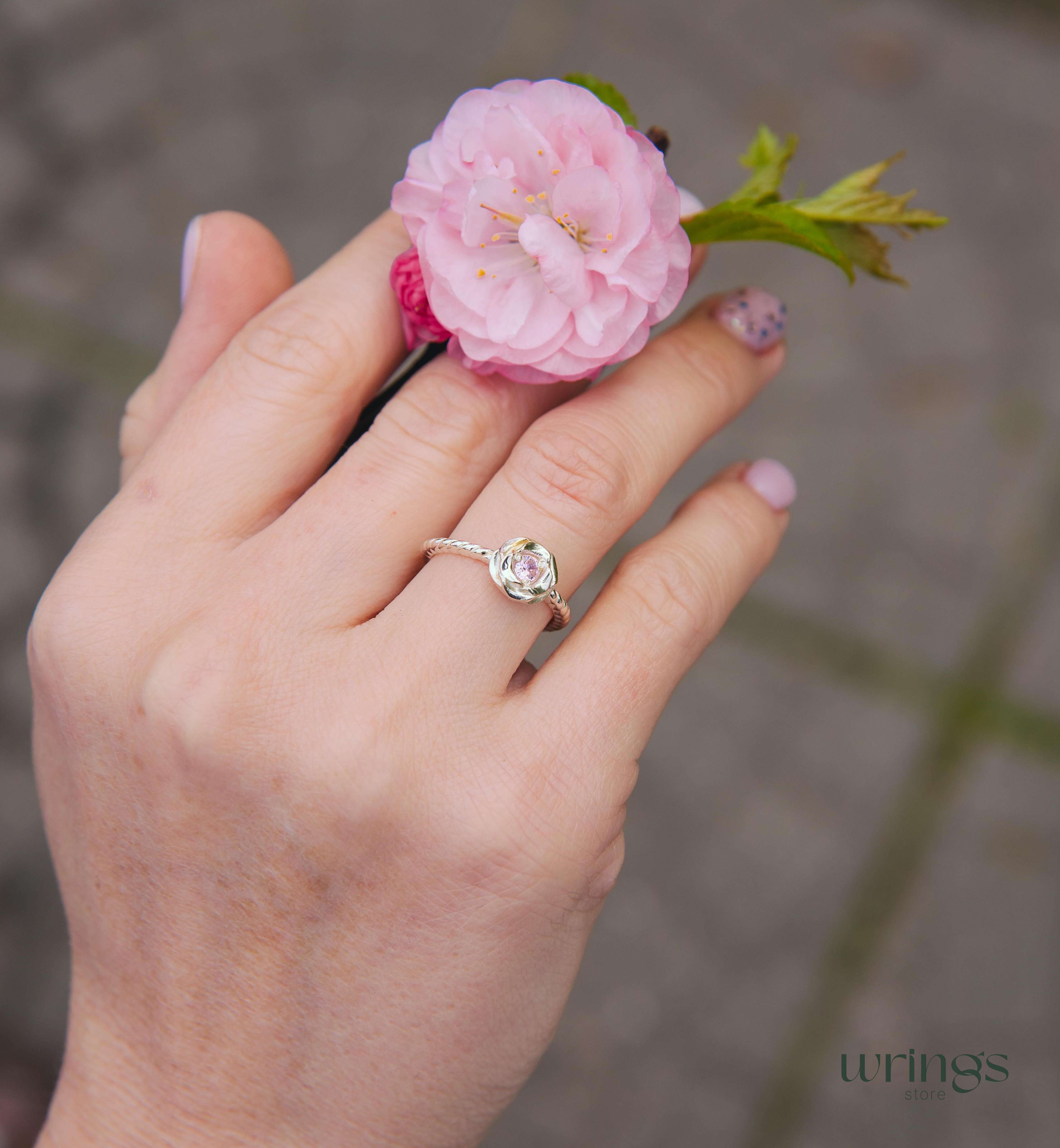 Sterling Silver Flower Ring with Simulated Rose Quartz