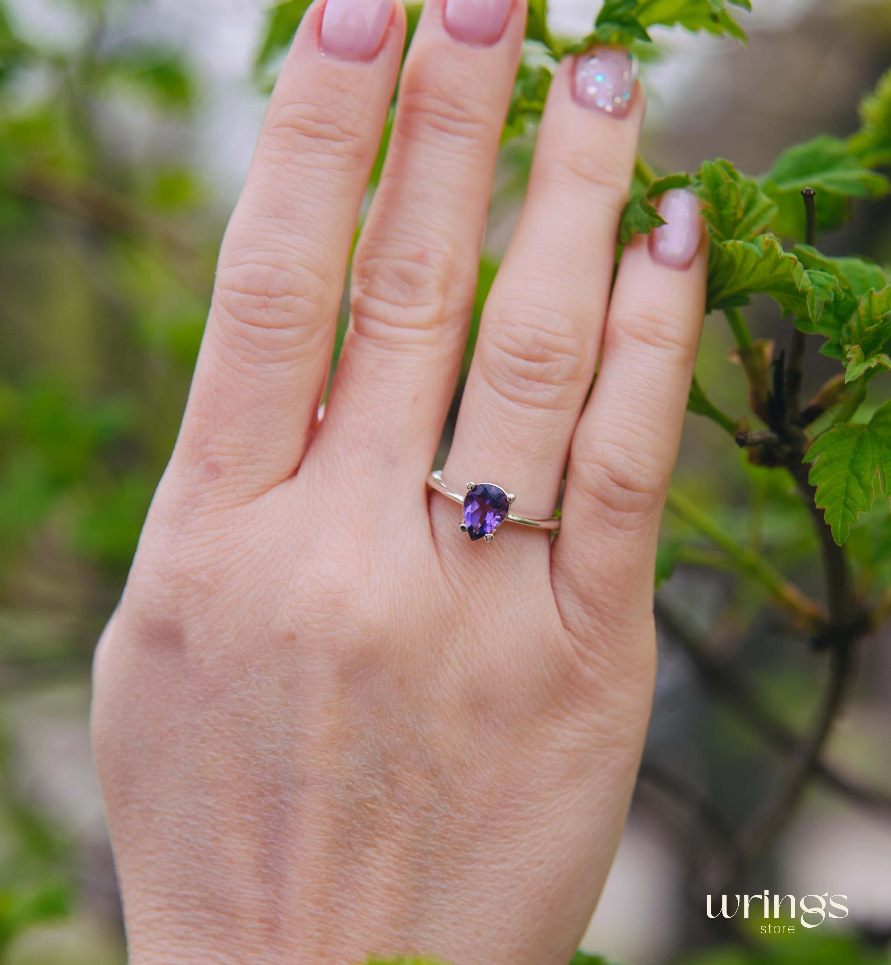 Large Pear Cut Amethyst Solitaire Engagement Ring Silver