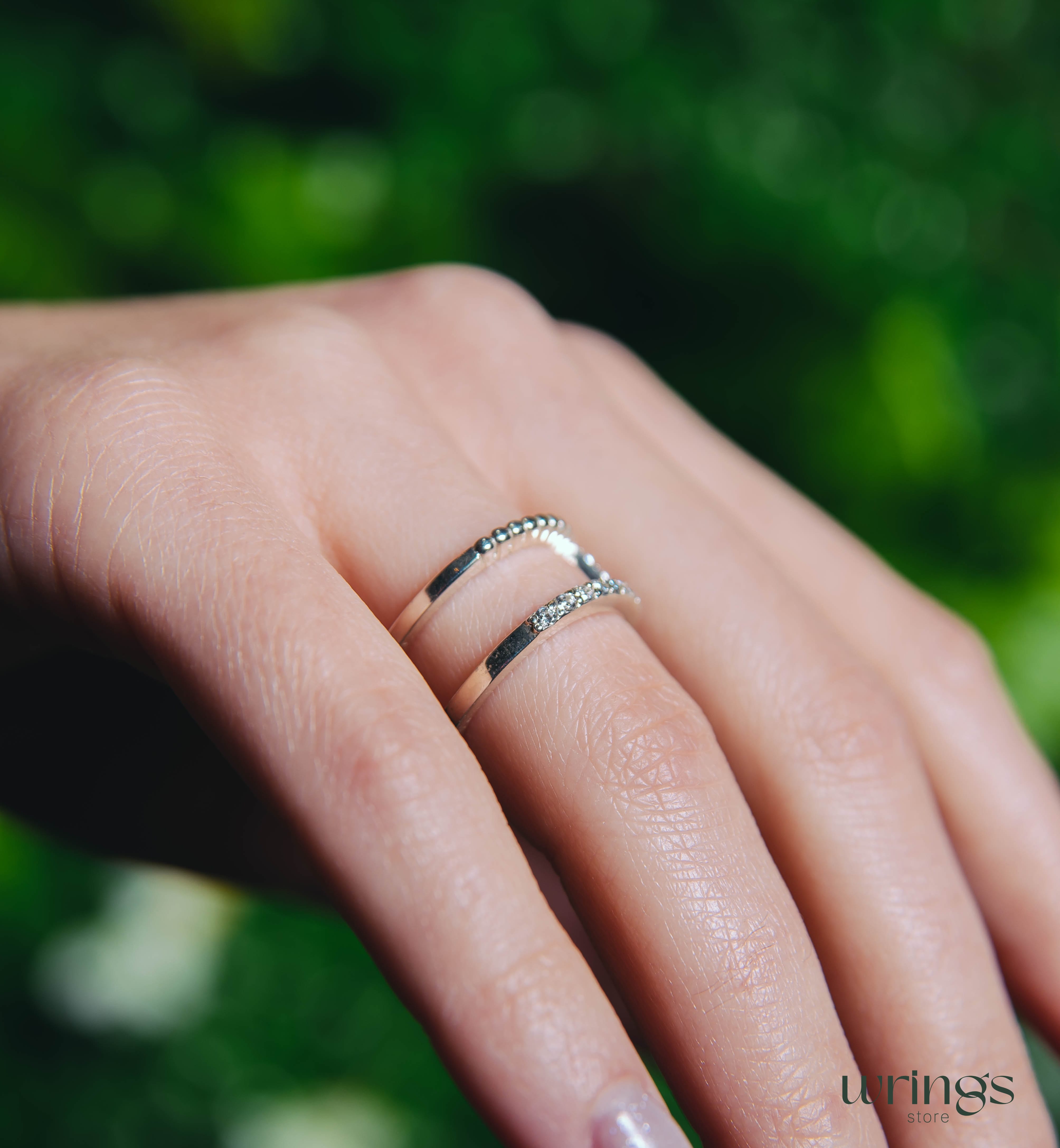 Double Band Statement Ring Diamonds and Beaded Style