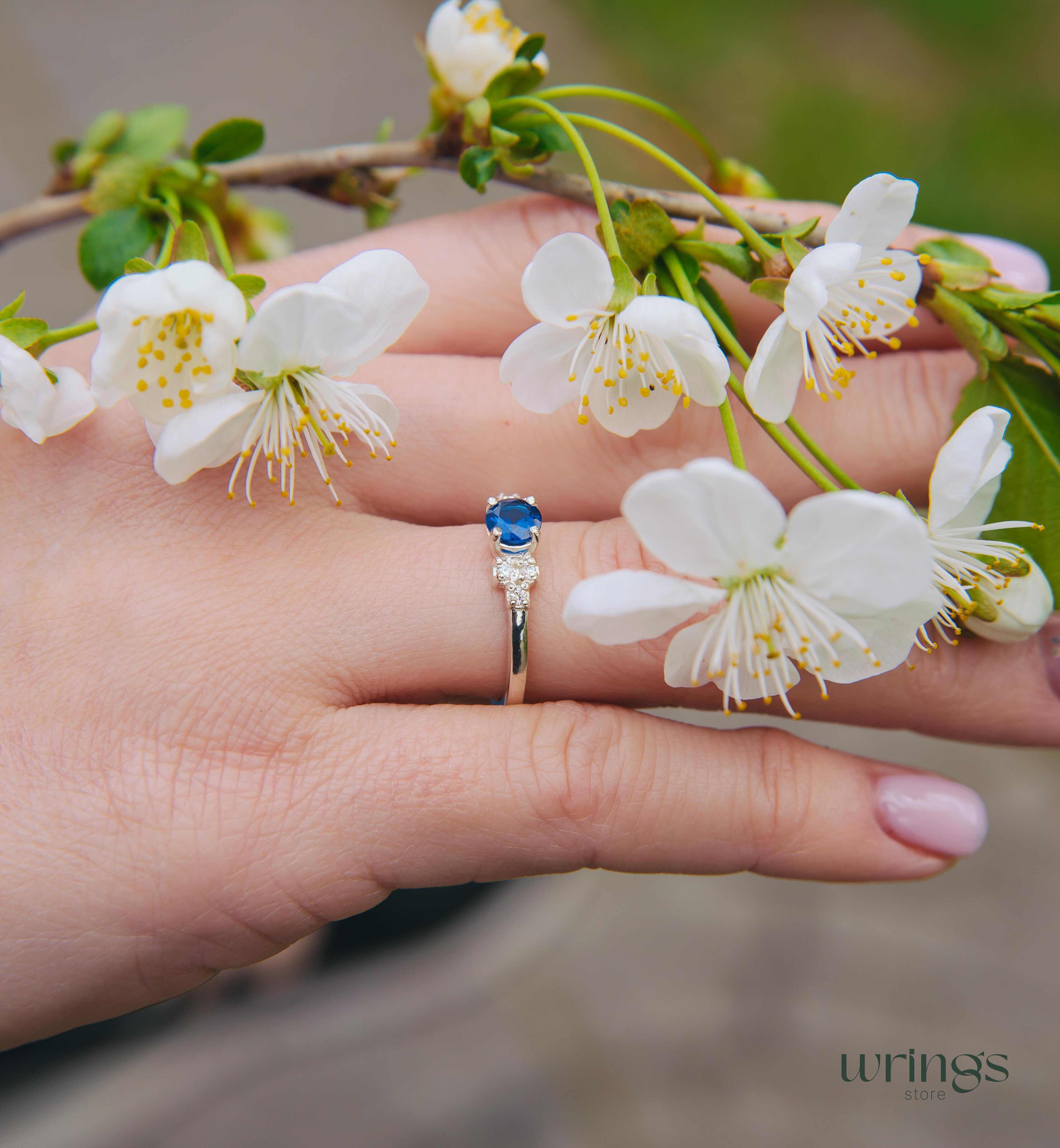 Simulated Sapphire Silver Ring - Cluster Side Stones