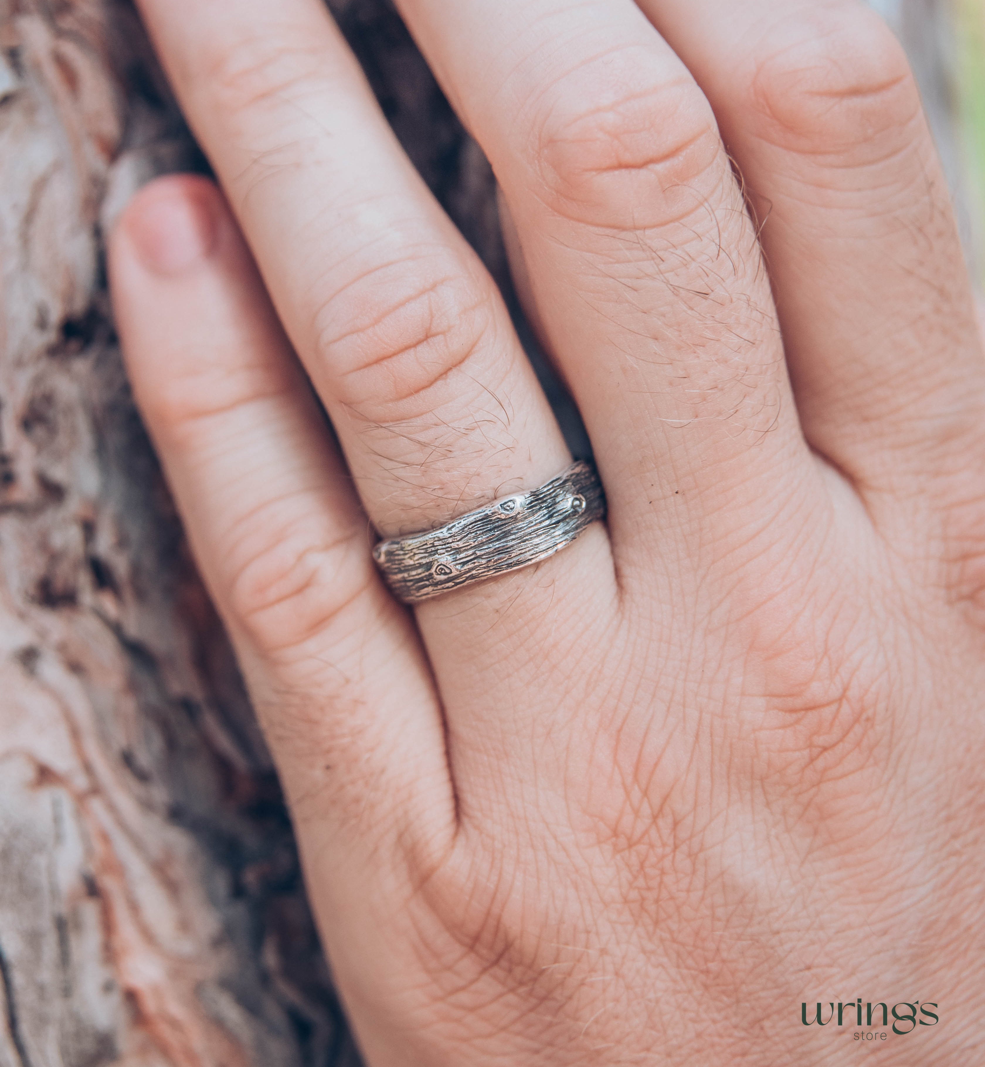 Unusual Tree bark and Stumps Silver Wedding Band Unisex