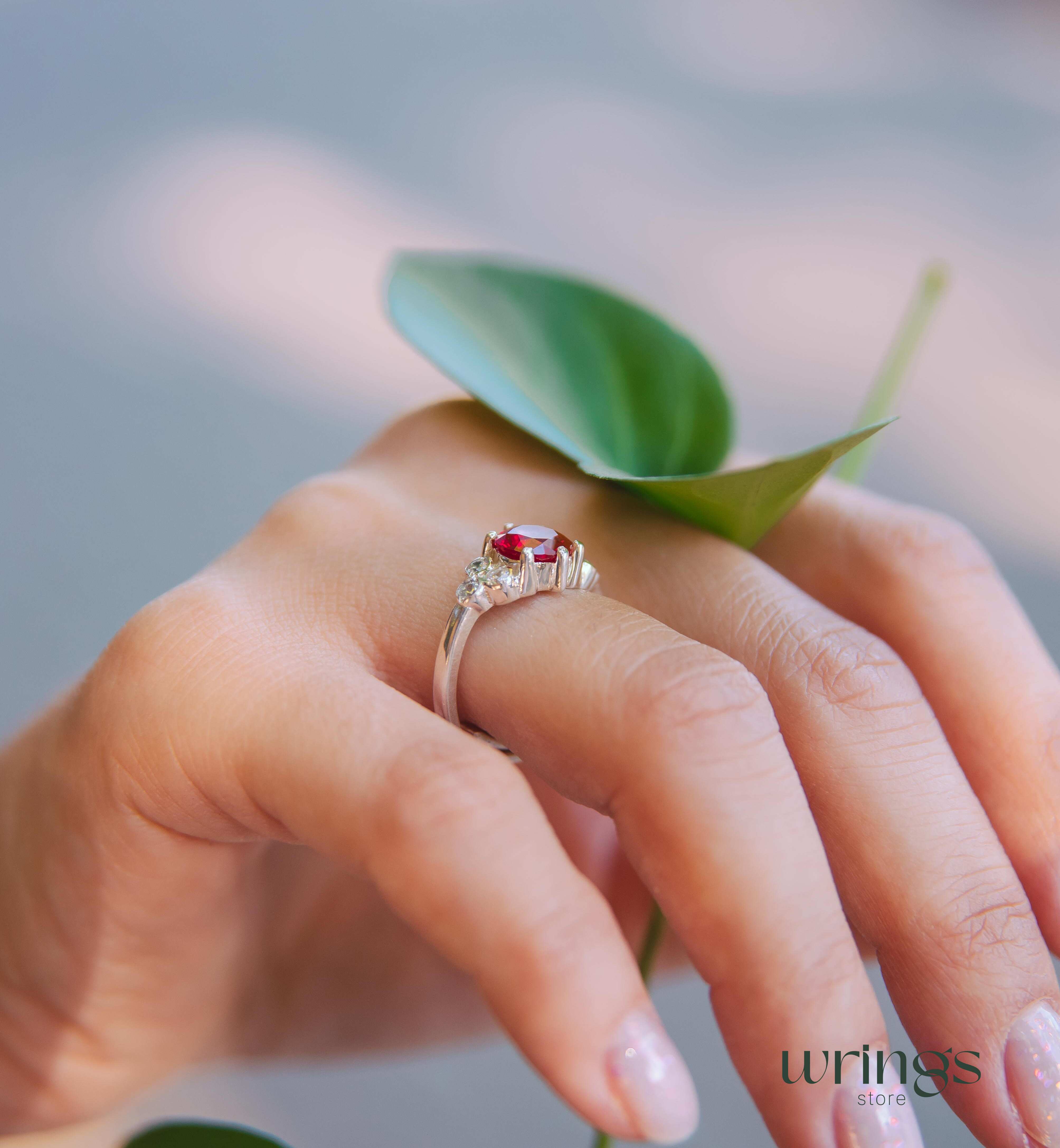 Large Red stone Statement Cluster Engagement Ring Silver